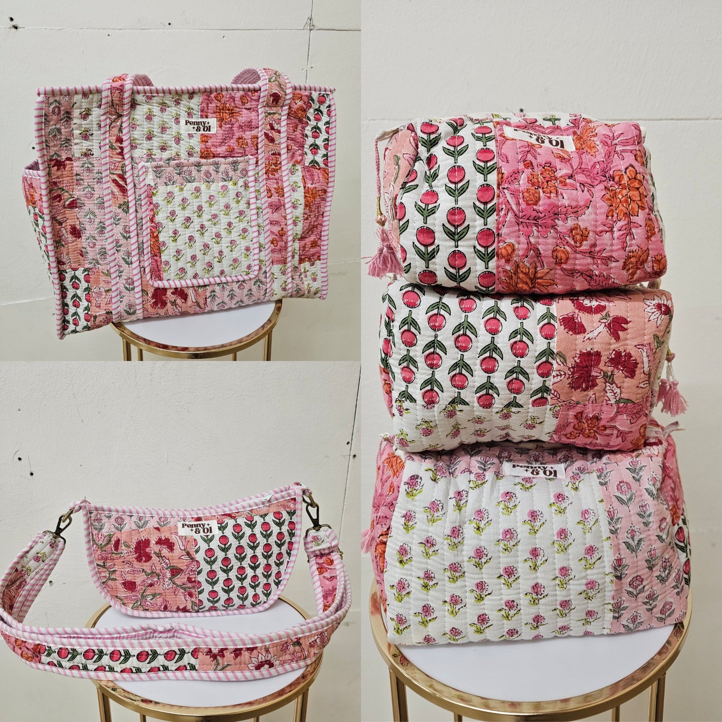 Baby pink patchwork Collection tote bags. Cotton tote bags all sizes