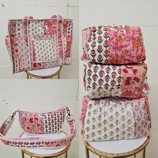 Baby pink patchwork Collection tote bags. Cotton tote bags all sizes
