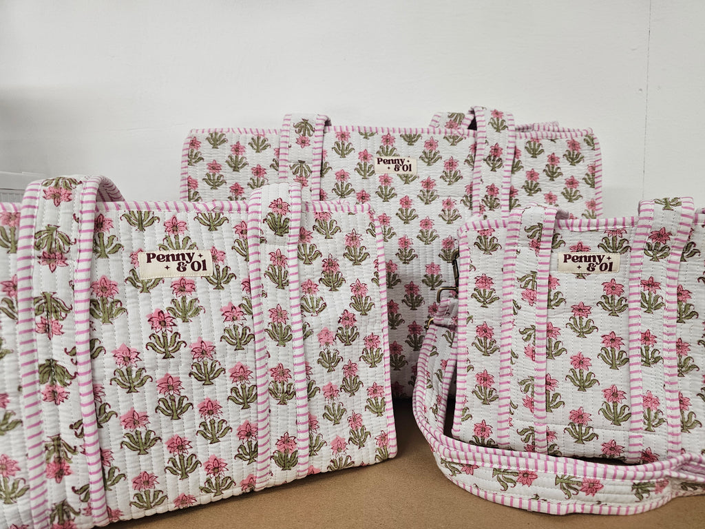 Baby Pink Floral Collection. Cotton, handmade tote bags.