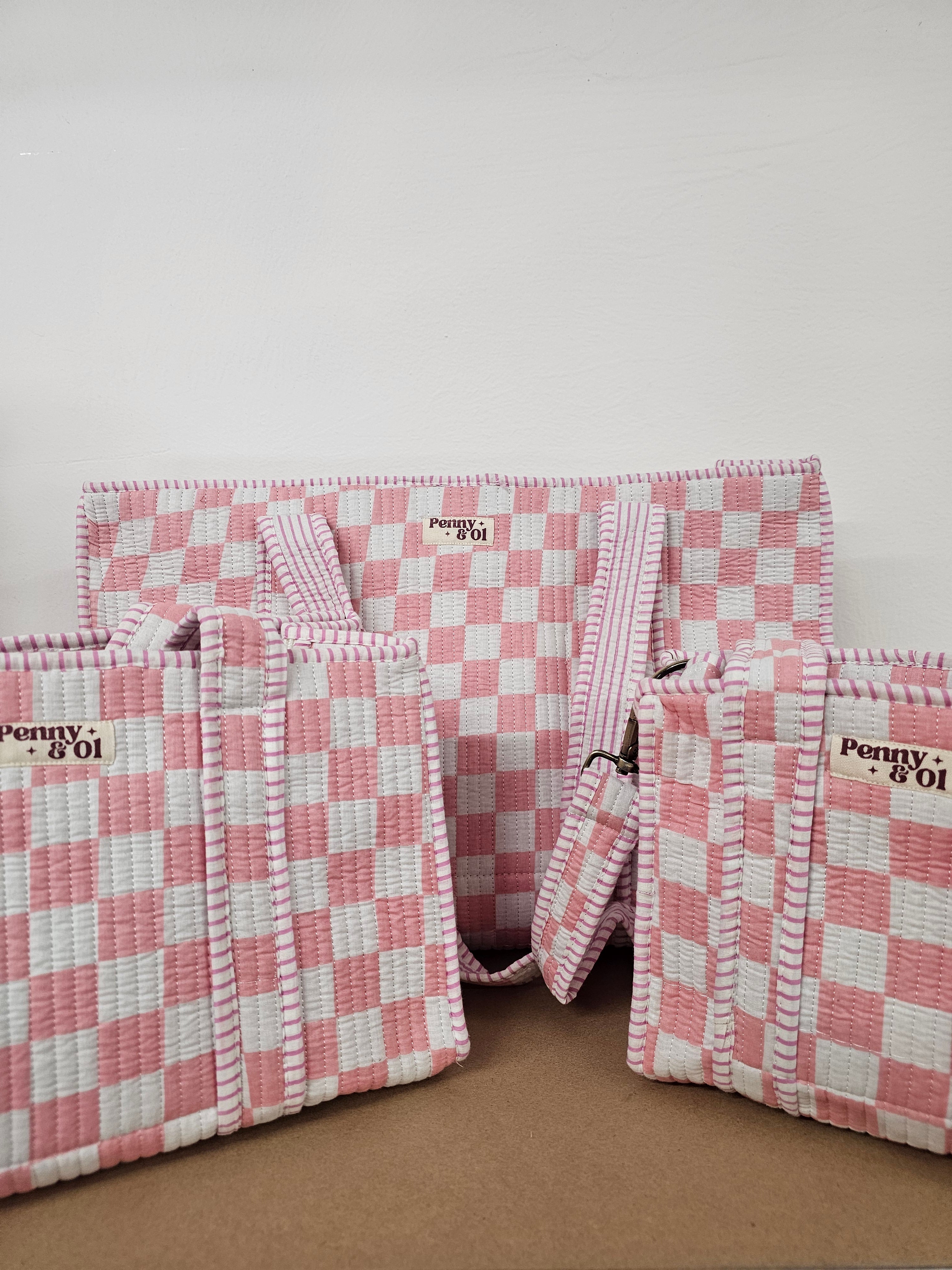Pink & White Checkerboard Collection. Cotton, handmade tote bags