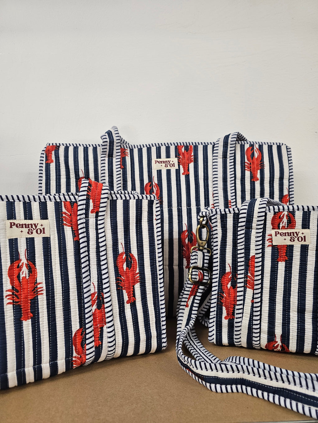 Navy Striped Lobster Collection. Cotton, handmade tote bags