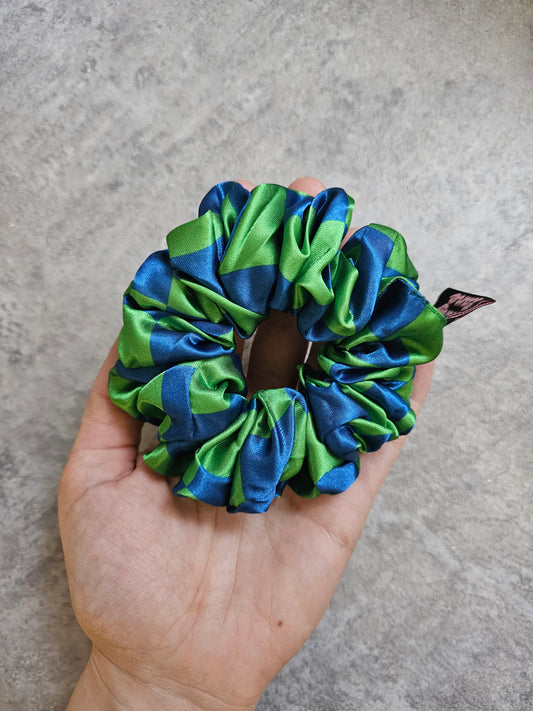 Blue and green checkerboard Midi Satin Hair Scrunchie
