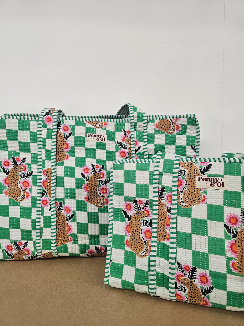 Green Checkered Leopard Collection. Cotton, handmade tote bags
