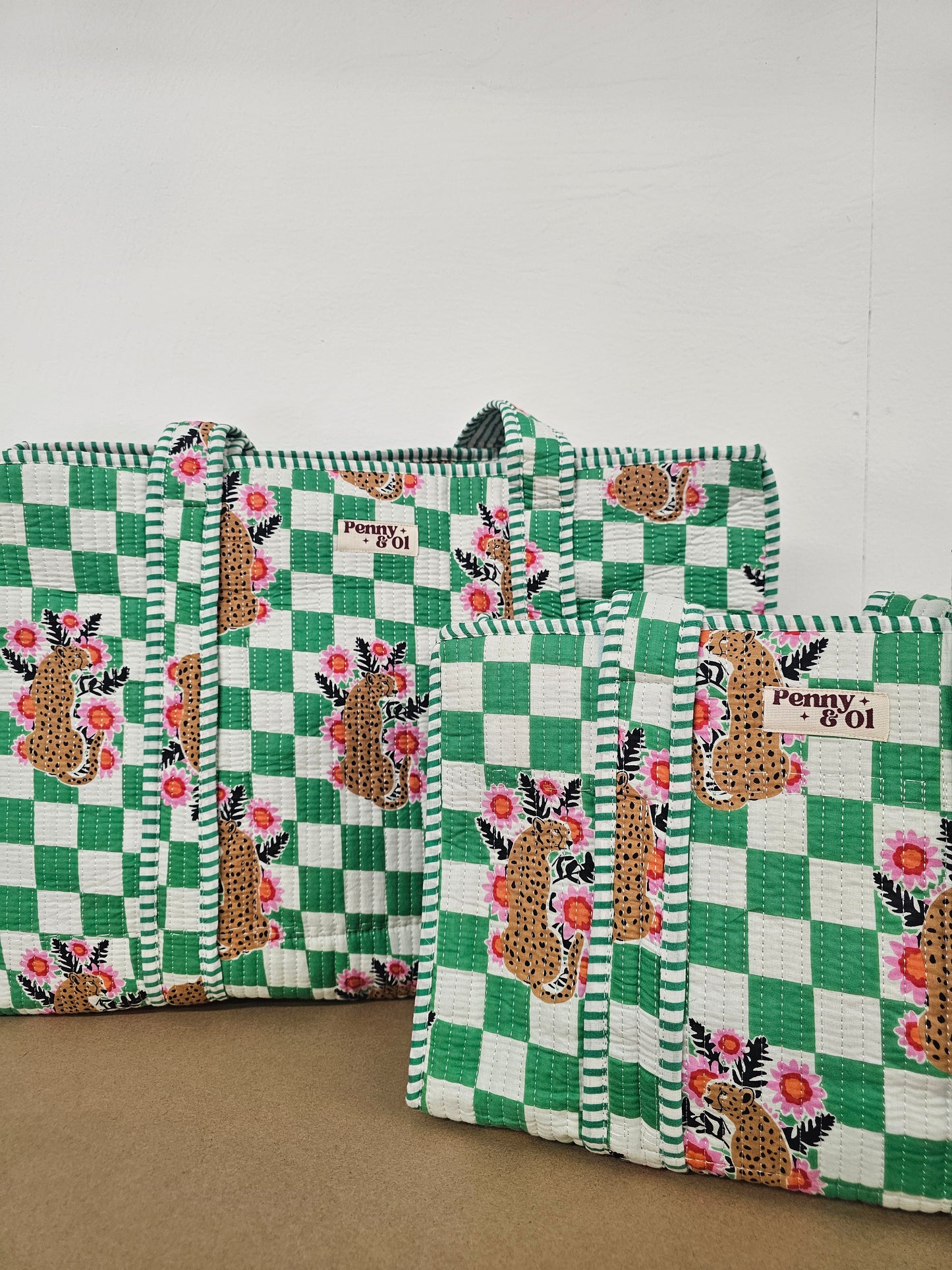 Green Checkered Leopard Collection. Cotton, handmade tote bags