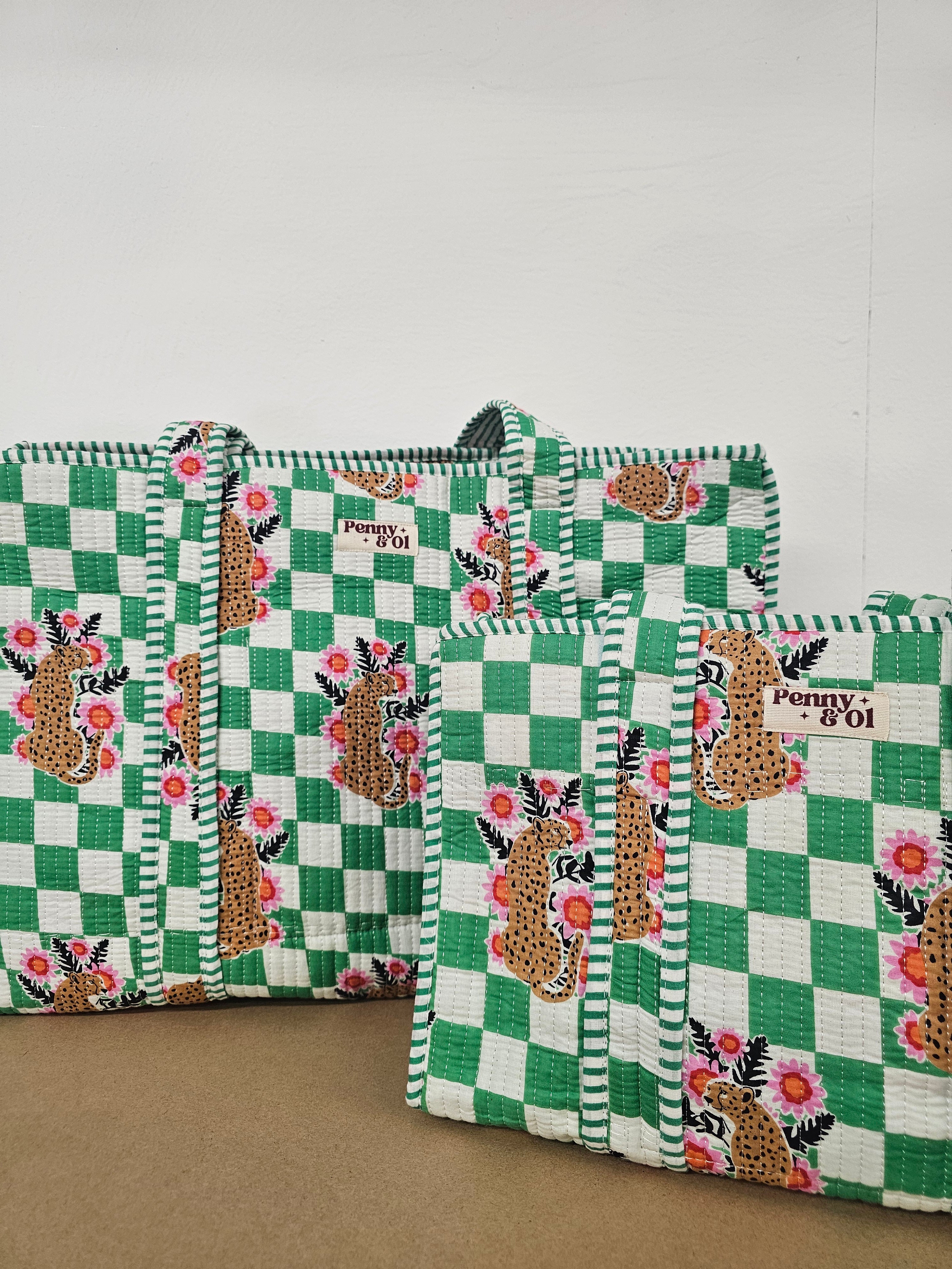 Green Checkered Leopard Collection. Cotton, handmade tote bags