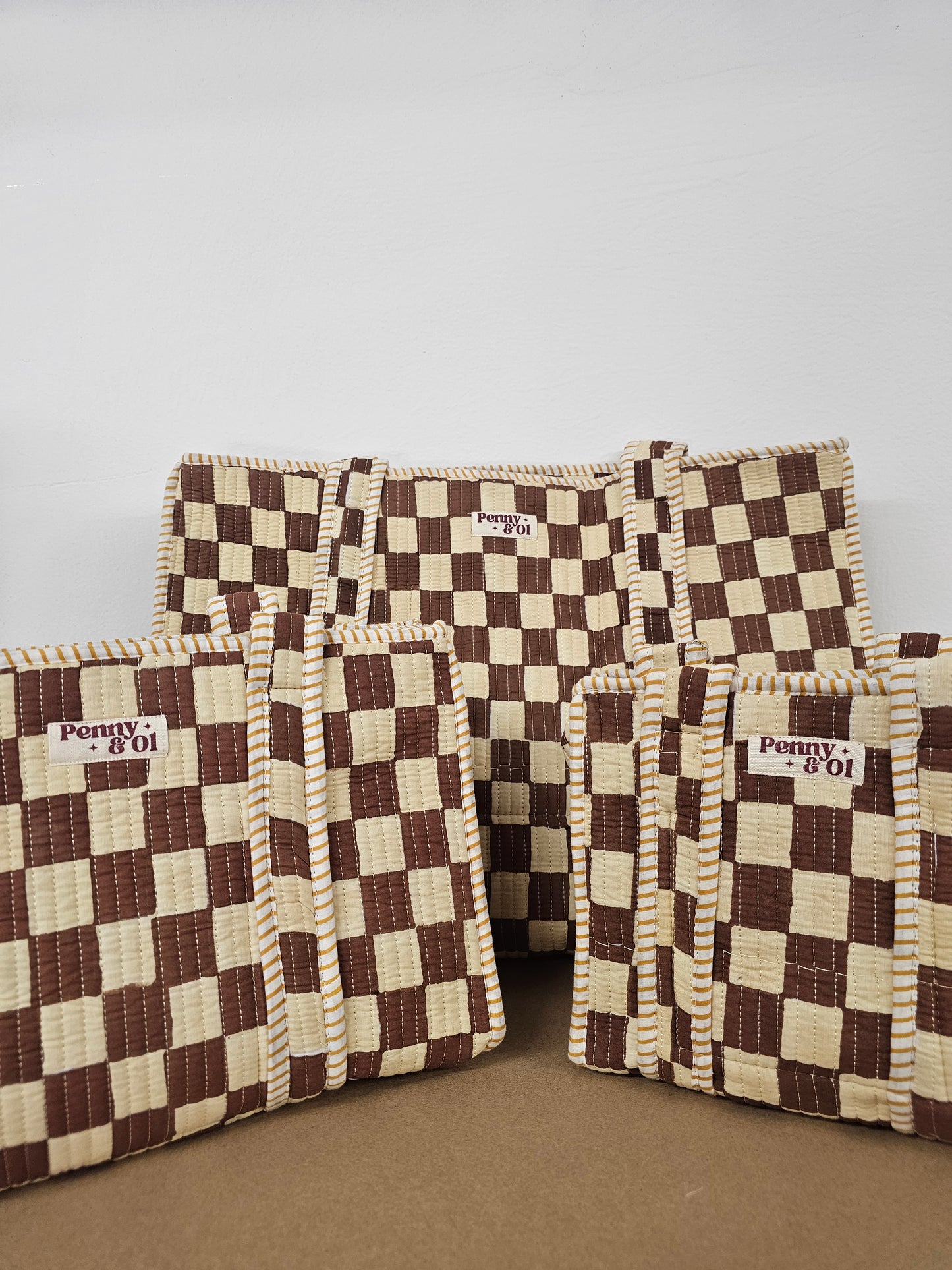 Brown Checkerboard Collection. Cotton, handmade tote bags