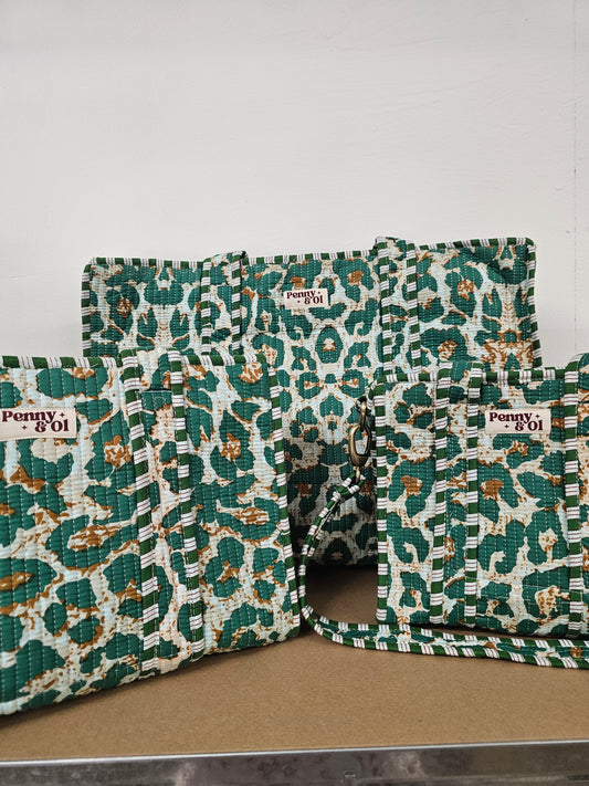Green Leopard Print Collection. Cotton, handmade tote bags