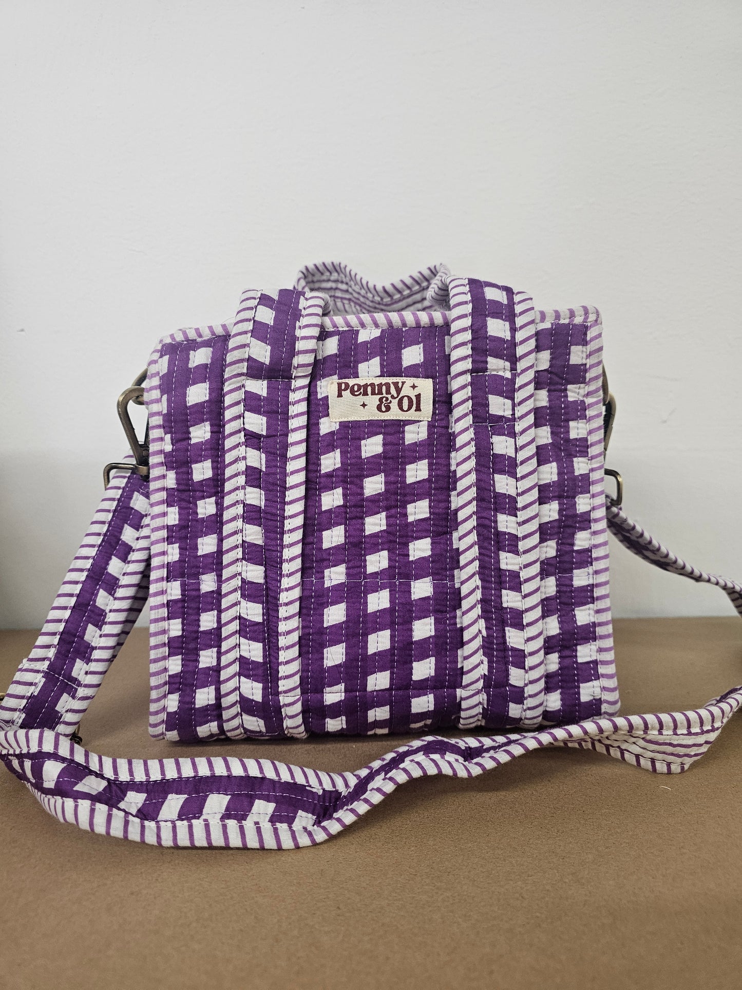 Purple Gingham Collection tote bags. Cotton tote bags all sizes