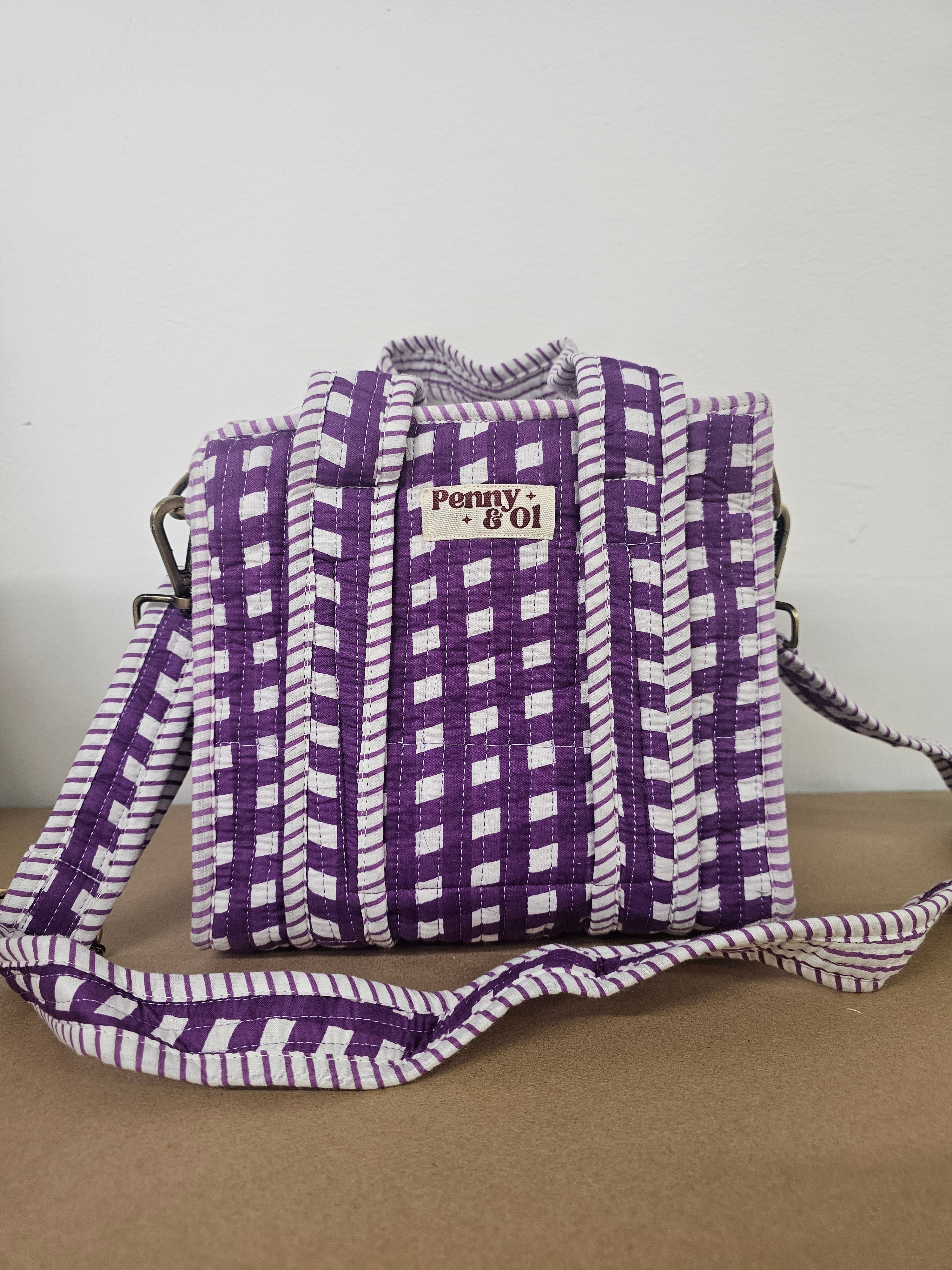 Purple Gingham Collection tote bags. Cotton tote bags all sizes
