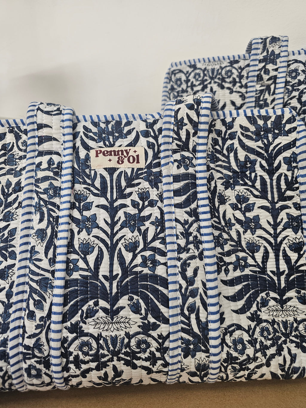 Navy Bloom Collection tote bags. Cotton tote bags all sizes
