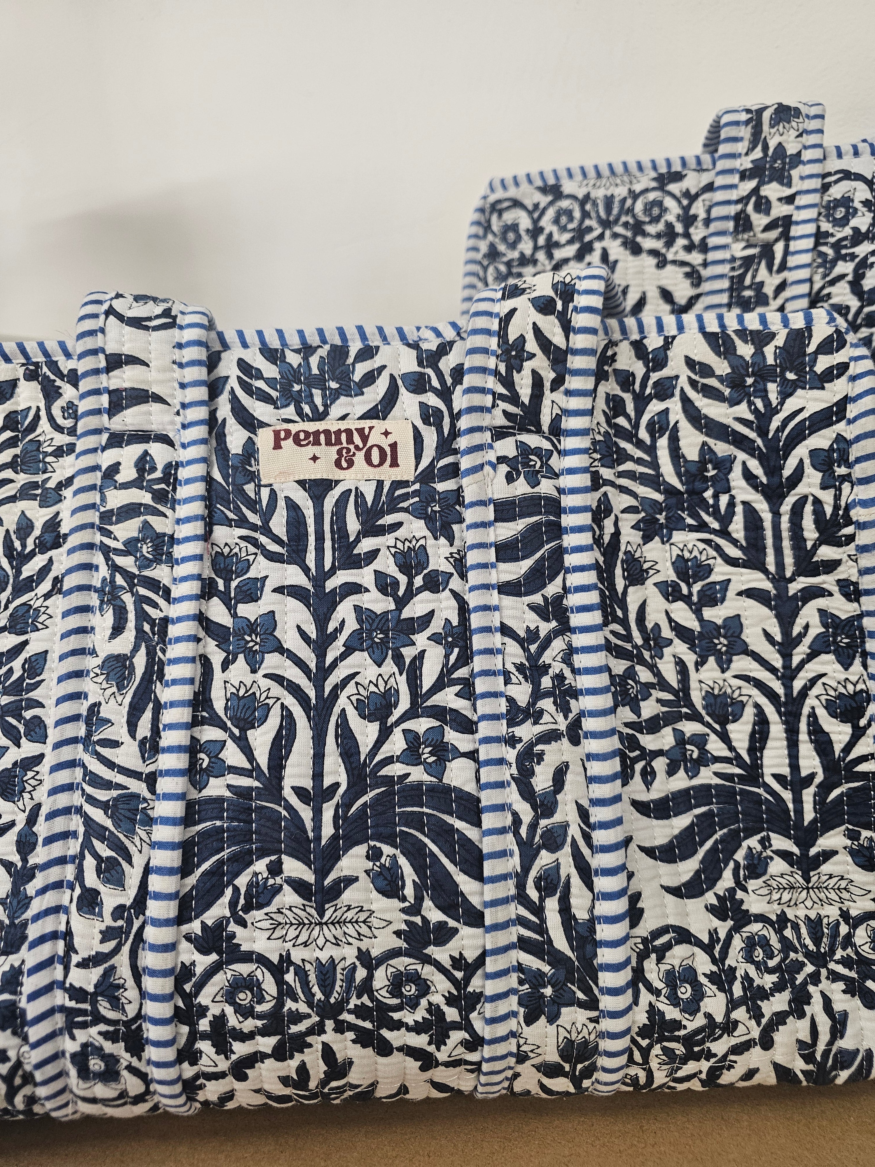 Navy Bloom Collection tote bags. Cotton tote bags all sizes
