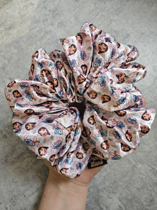 Lil girl and blue alien XL Satin Hair Scrunchie