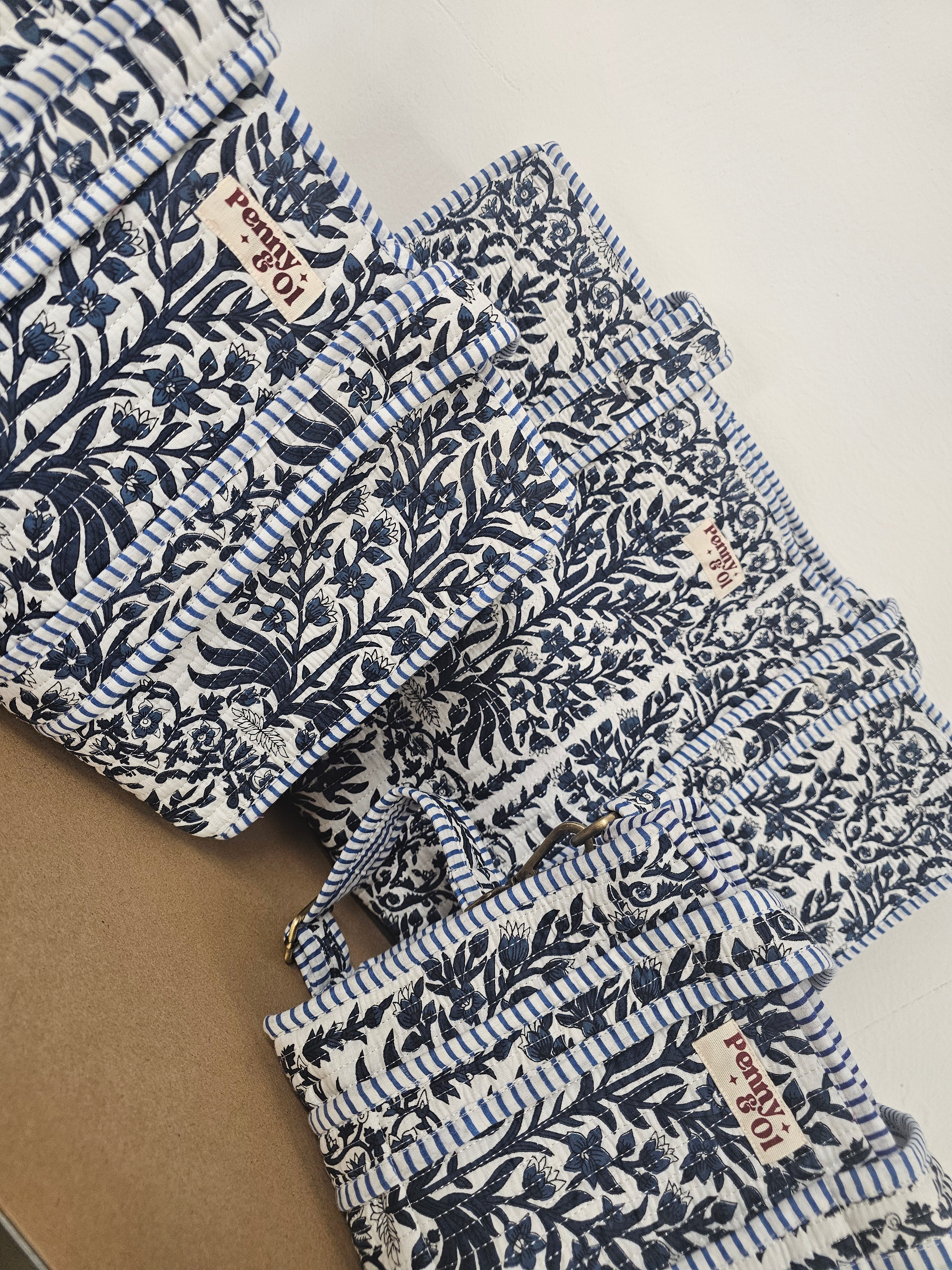 Navy Bloom Collection tote bags. Cotton tote bags all sizes