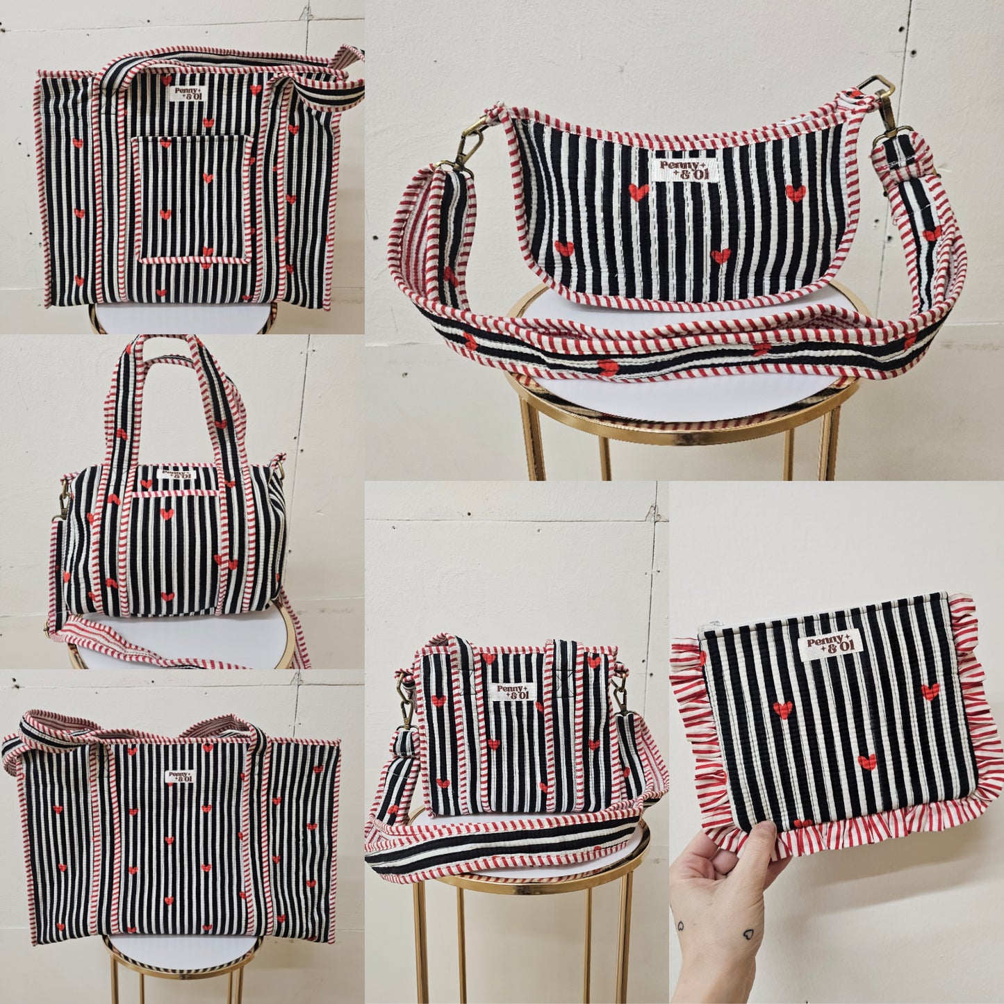Black Striped Hearts collection, tote bags. Cotton tote bags all sizes