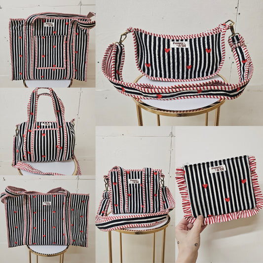 Black Striped Hearts collection, tote bags. Cotton tote bags all sizes