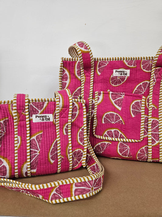 Pink Grapefruit collection, tote bags. Cotton tote bags all sizes