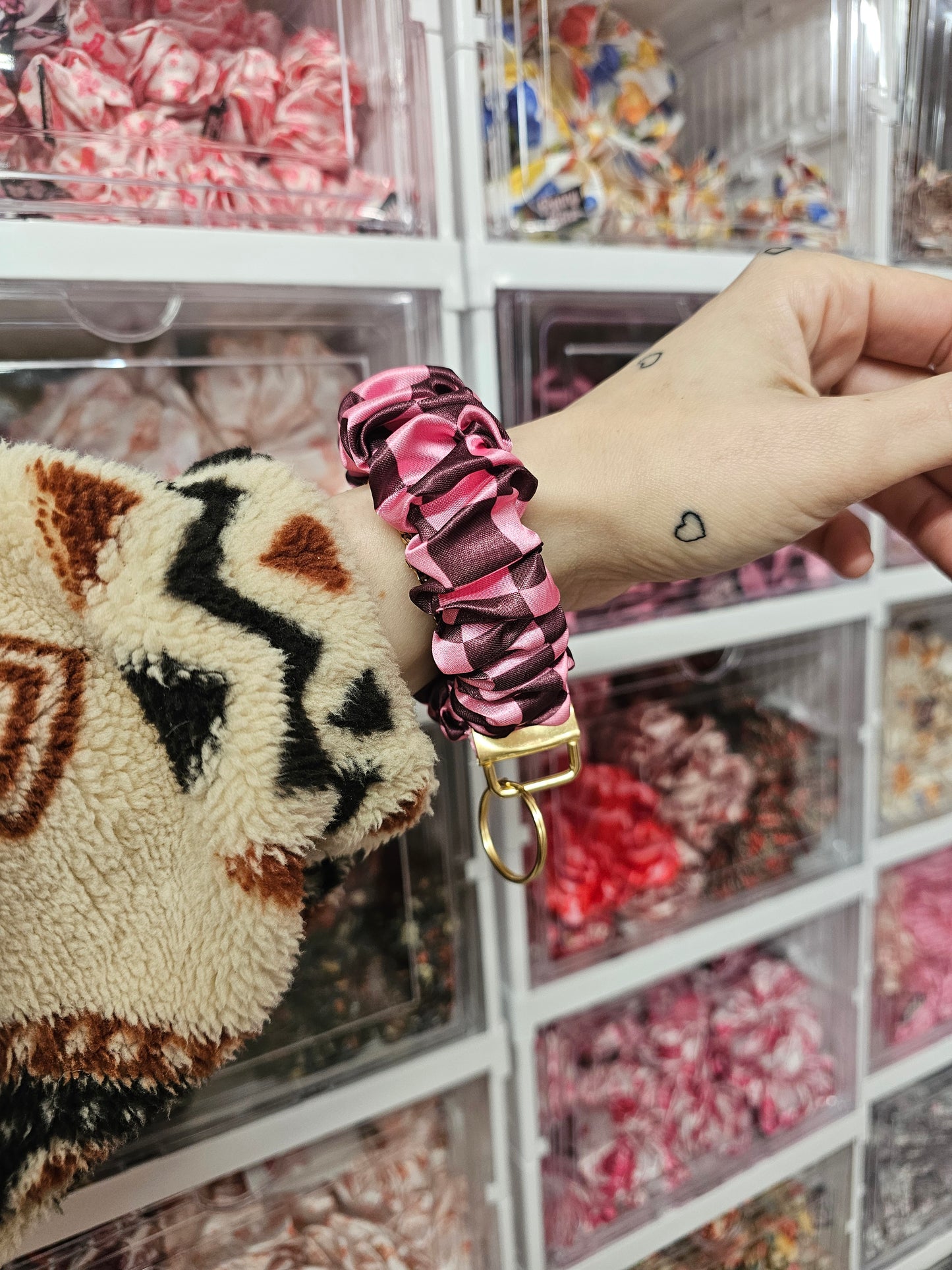 Pink and burgundy checkerboard Scrunchie Keyring