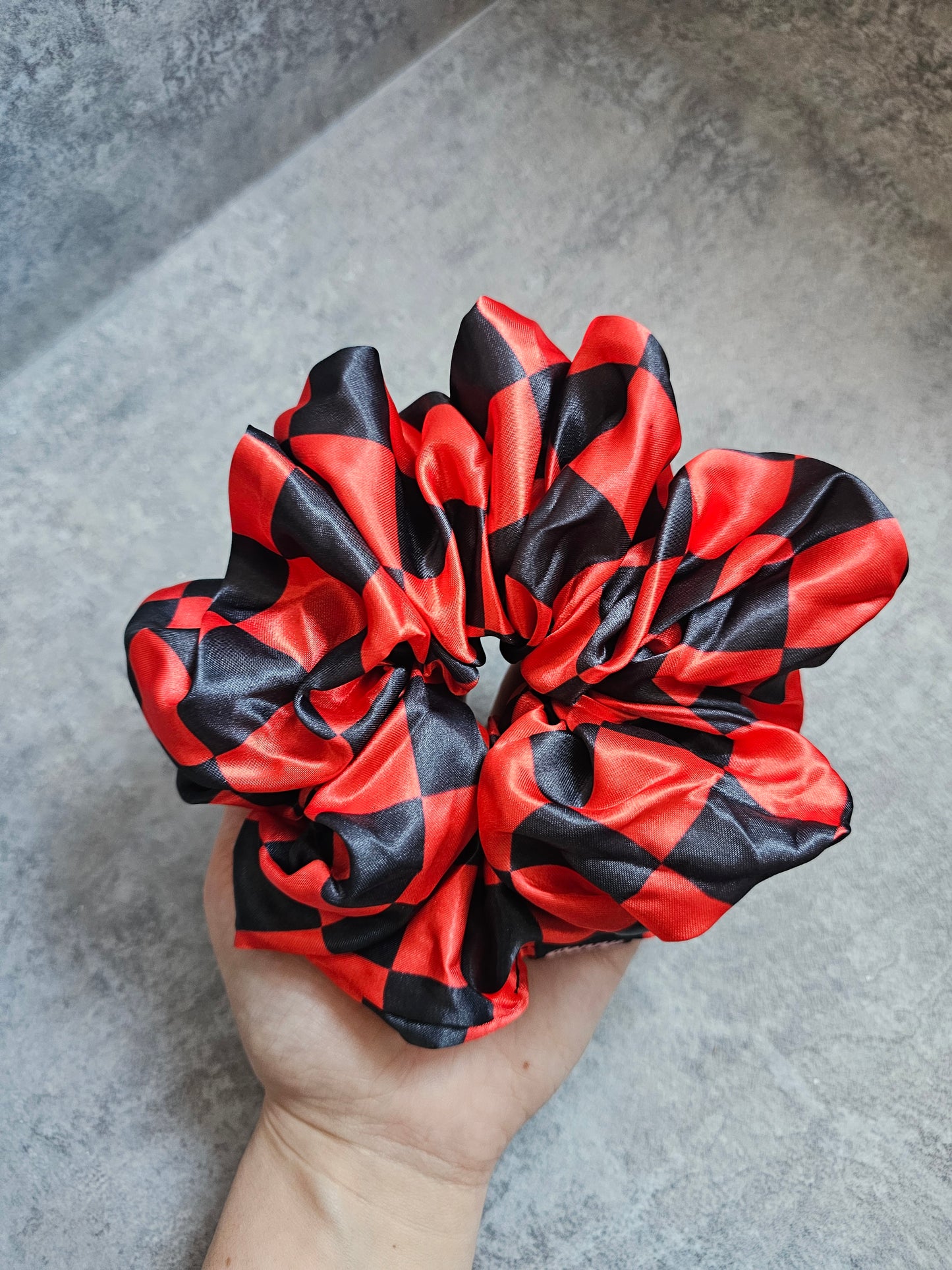 Red And Black Checkerboard XL Satin Hair Scrunchie