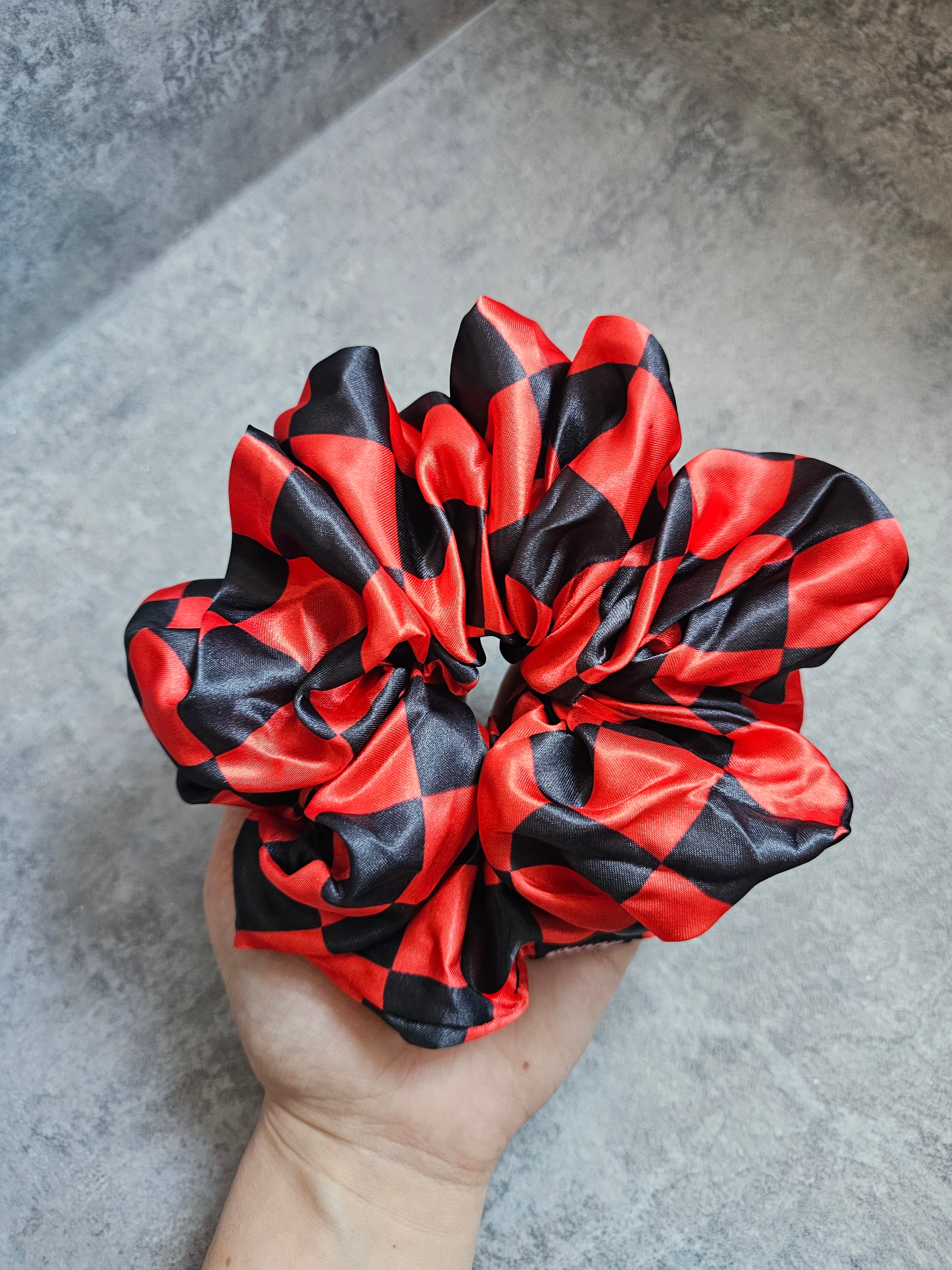 Red And Black Checkerboard XL Satin Hair Scrunchie