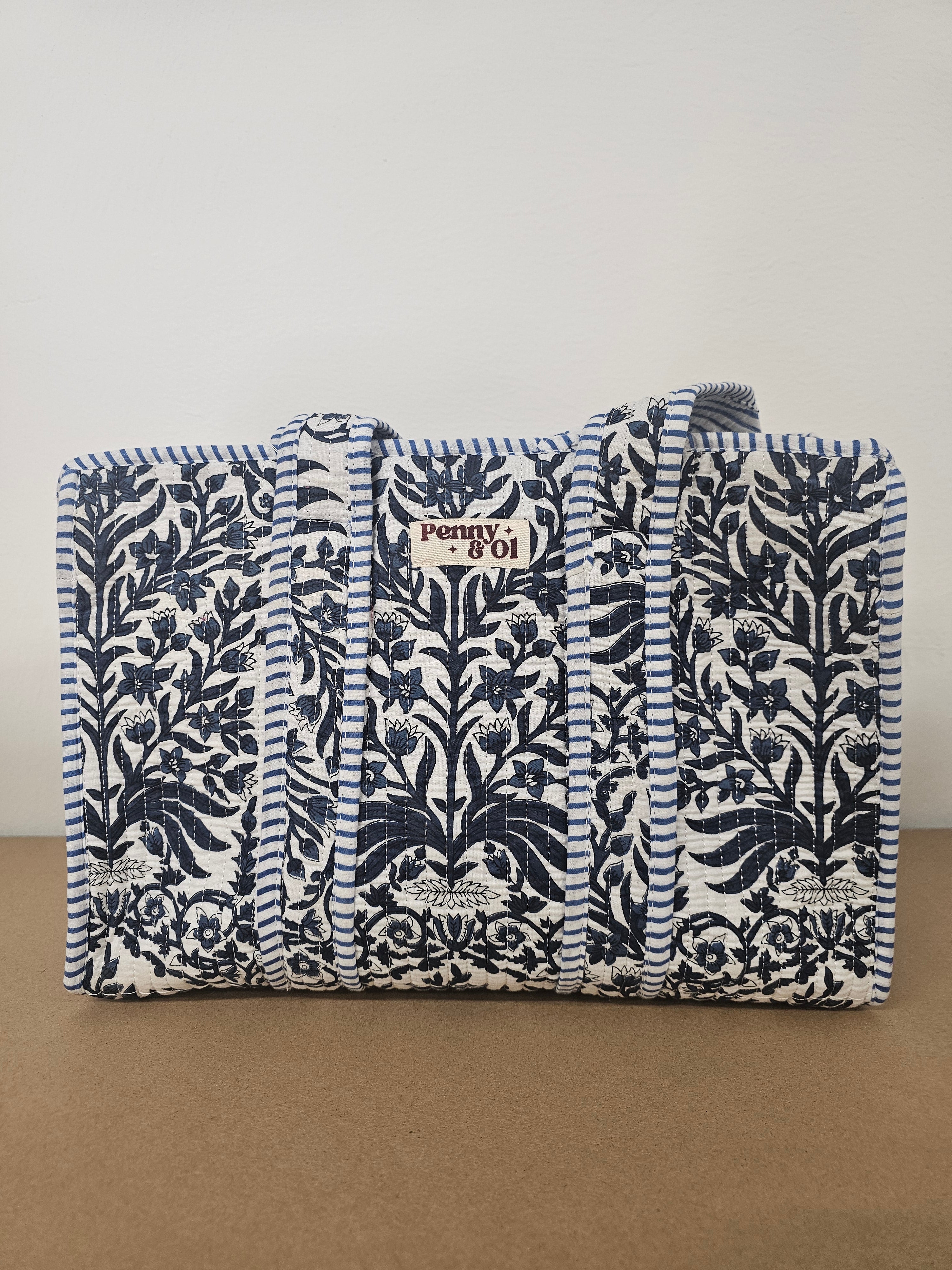 Navy Bloom Collection tote bags. Cotton tote bags all sizes