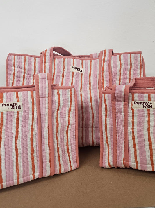 Peachy Pink Stripes Collection tote bags. Cotton tote bags all sizes