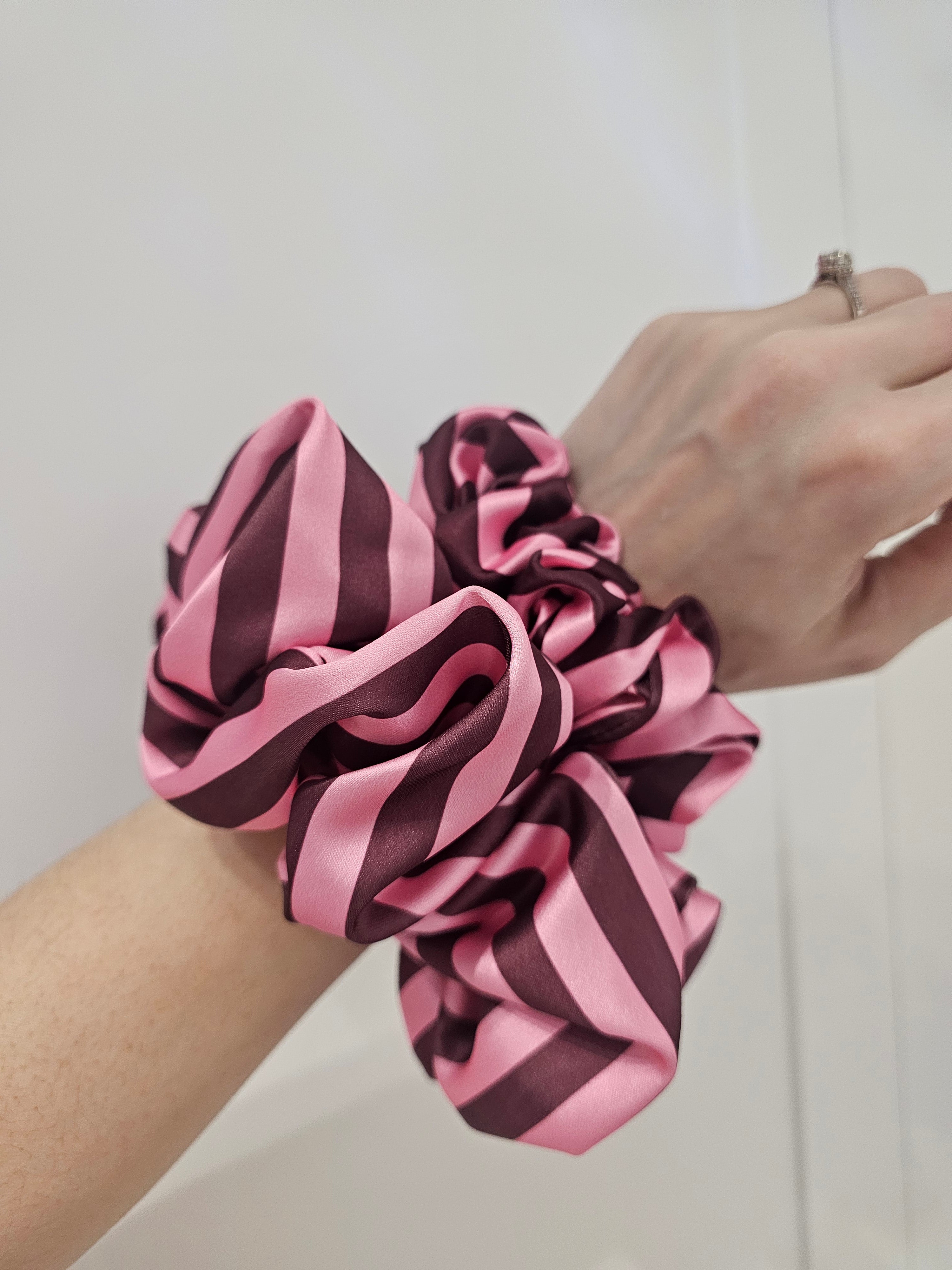 Burgundy and pink stripe , XL Luxury Satin Hair Scrunchie