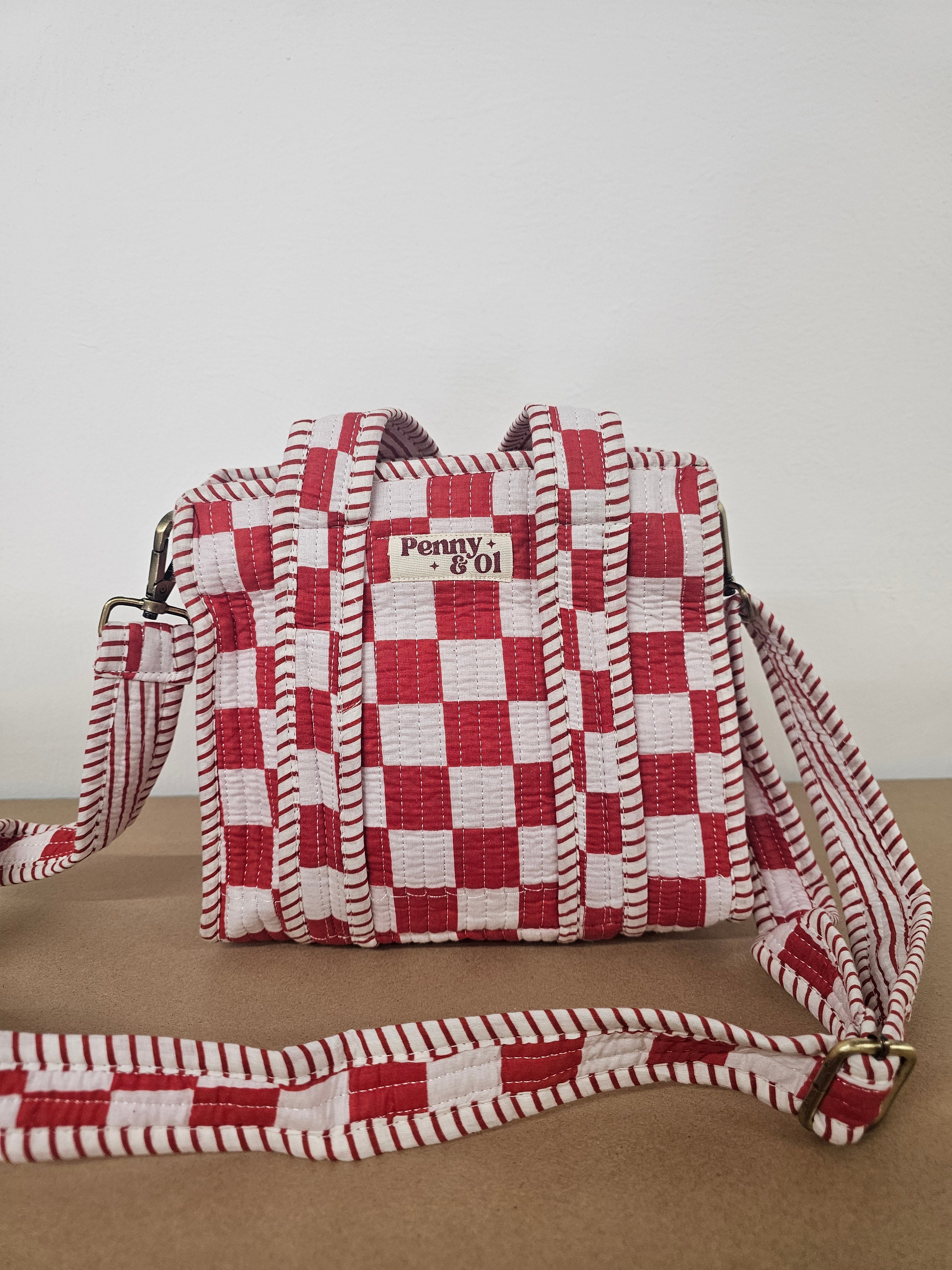 Red Checkerboard Collection tote bags. Cotton tote bags all sizes