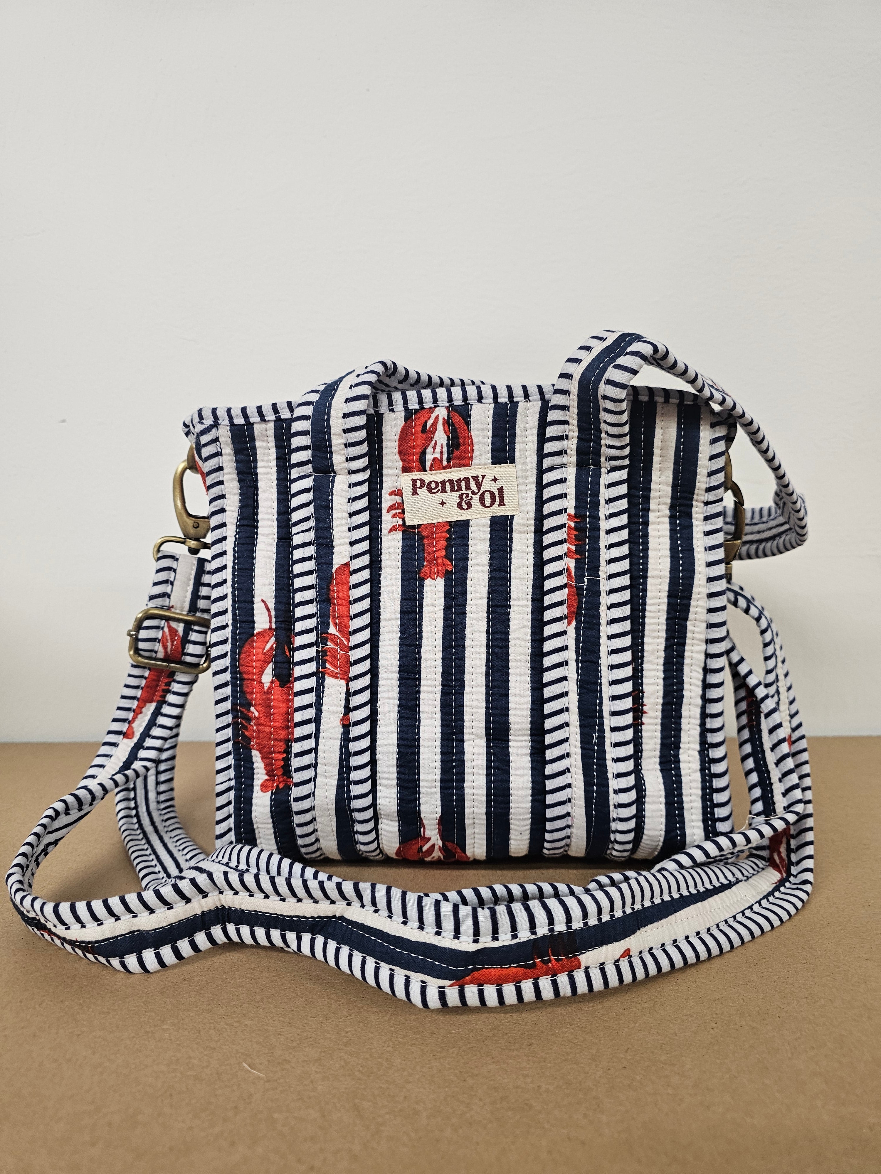 Navy Striped Lobster Collection. Cotton, handmade tote bags