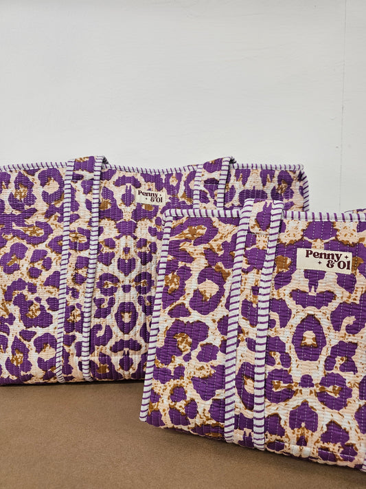 Purple Leopard Print Collection. Cotton, handmade tote bags