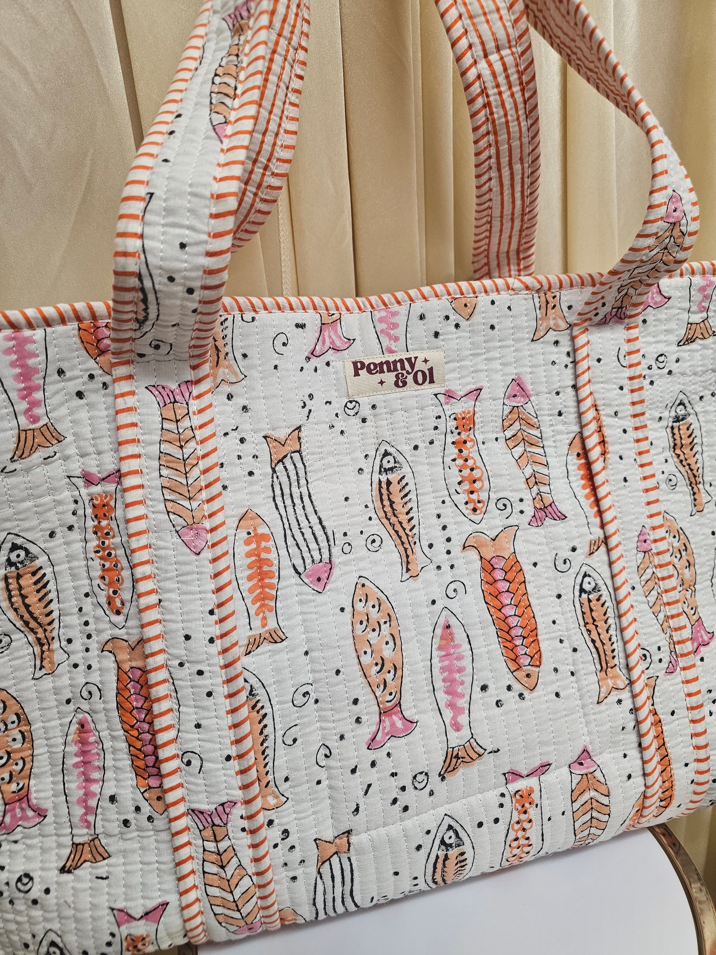 Lil fishes Large Cotton Tote Bag, Penny & Ol 100% cotton handmade bag.