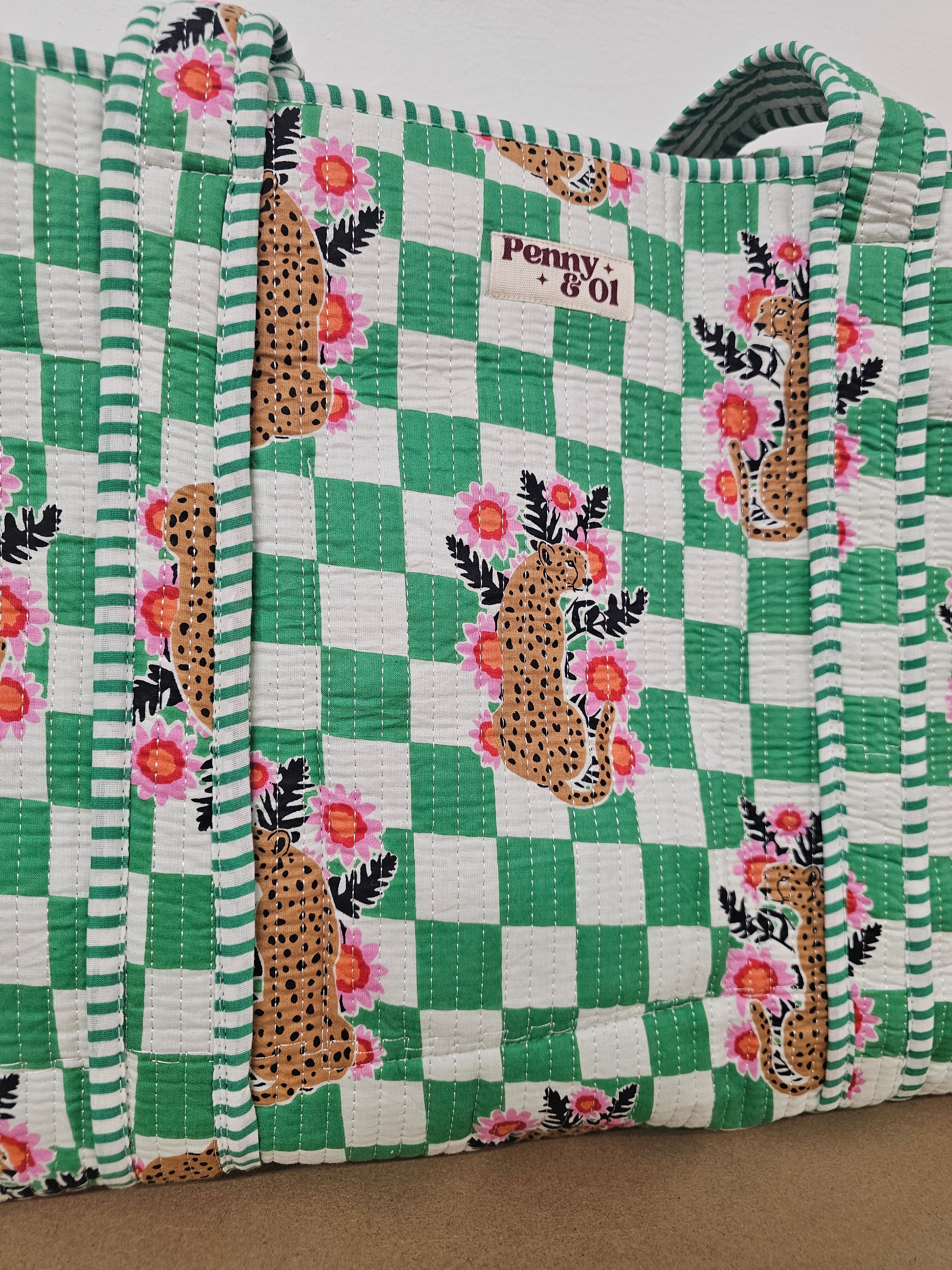 Green Checkered Leopard Collection. Cotton, handmade tote bags