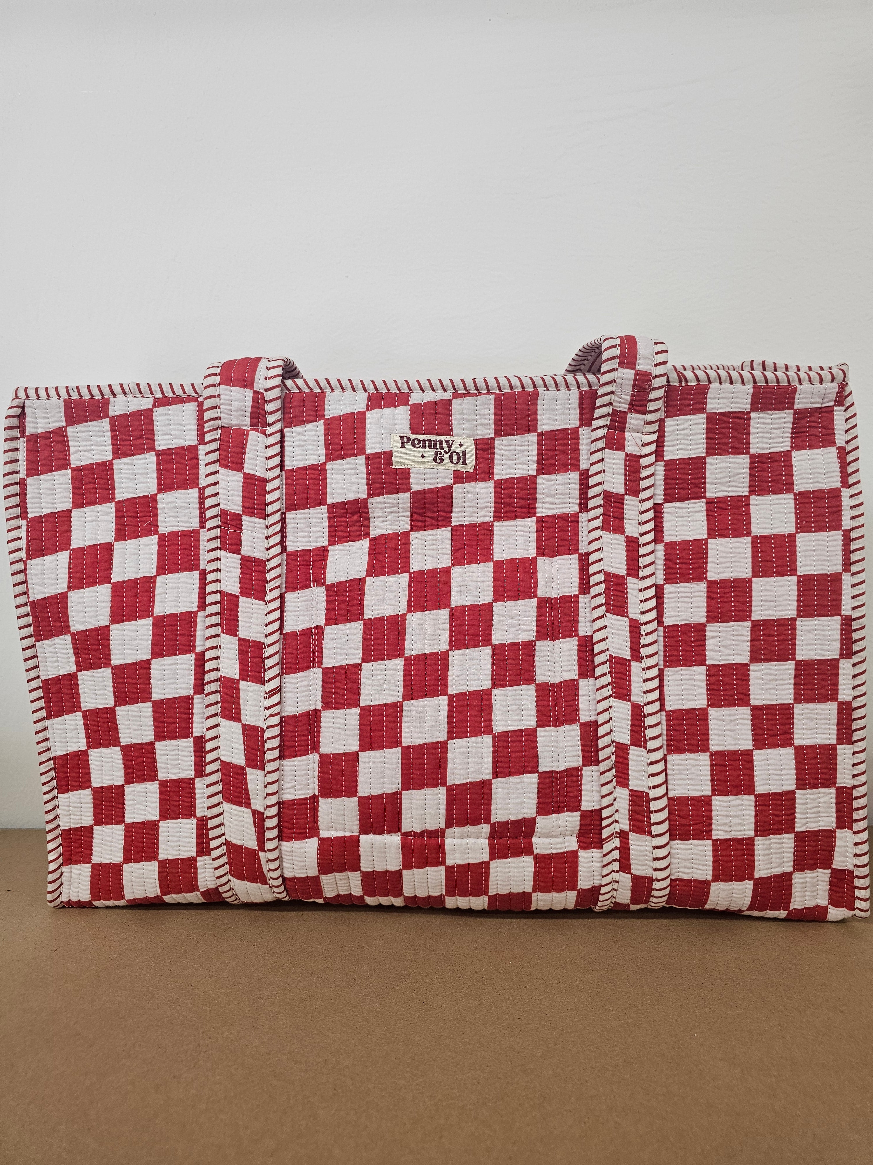 Red Checkerboard Collection tote bags. Cotton tote bags all sizes