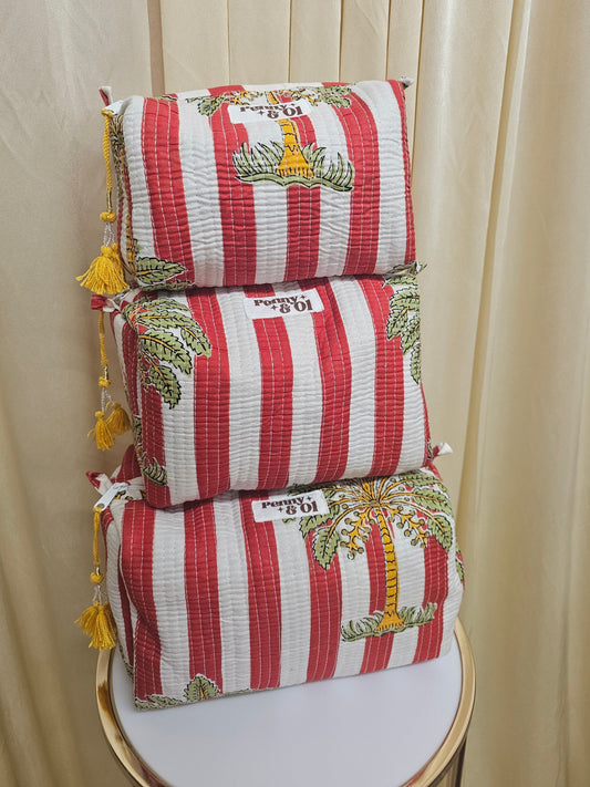 Red Striped Palm Tree Waterproof Zip pouch.