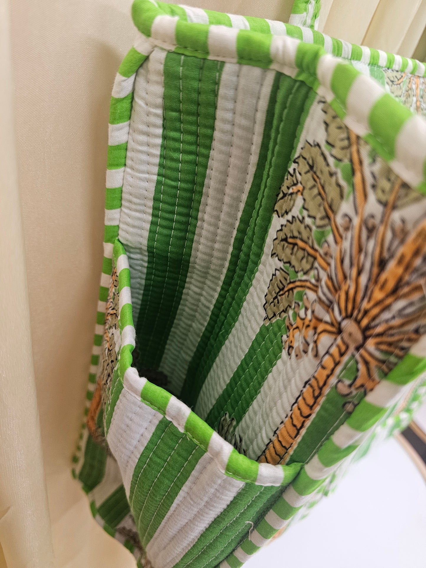 Green Striped palm tree travel tote bags.