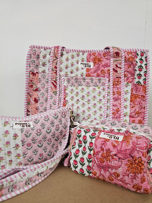 Baby pink patchwork Collection tote bags. Cotton tote bags all sizes