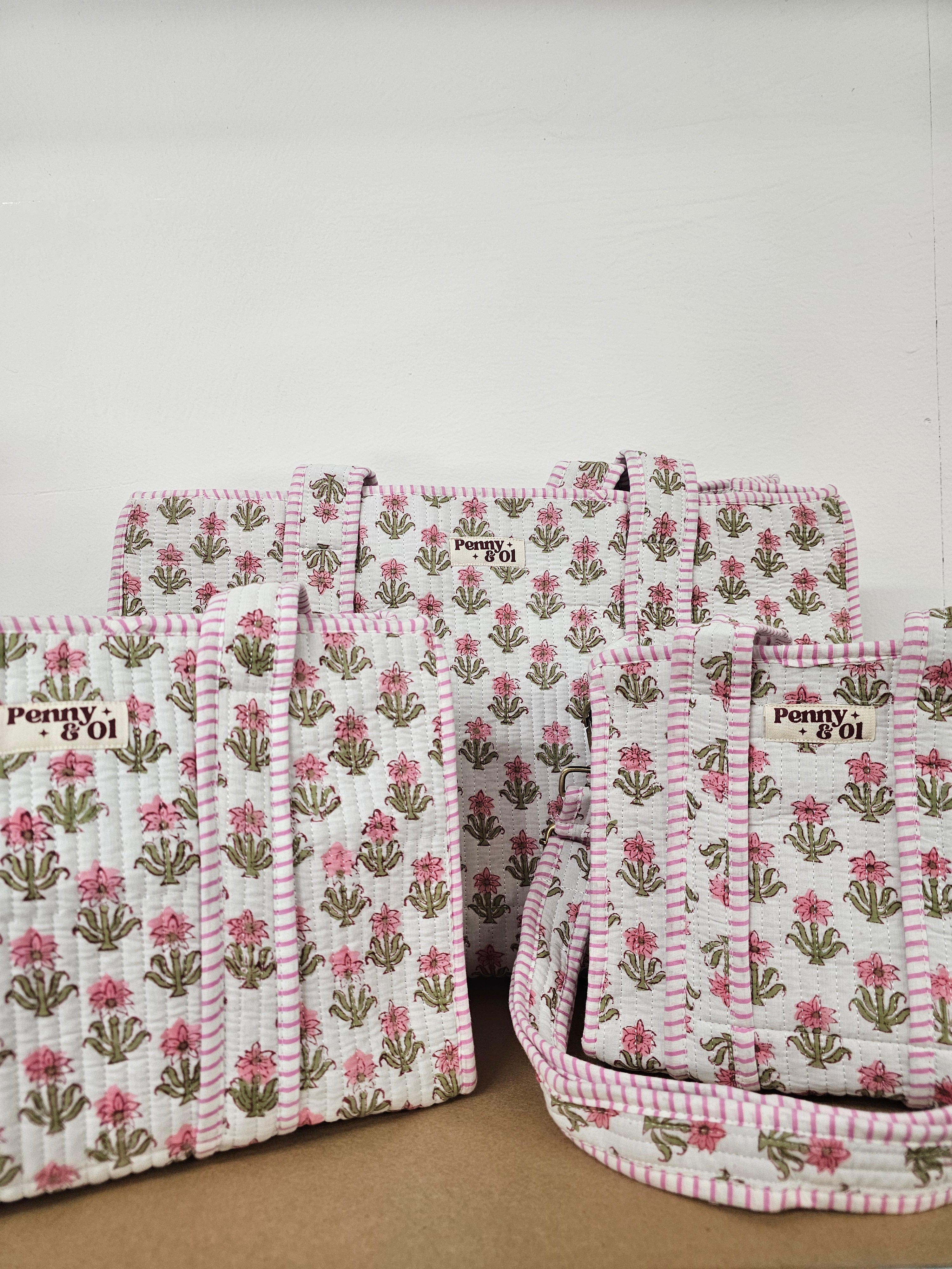 Baby Pink Floral Collection. Cotton, handmade tote bags.