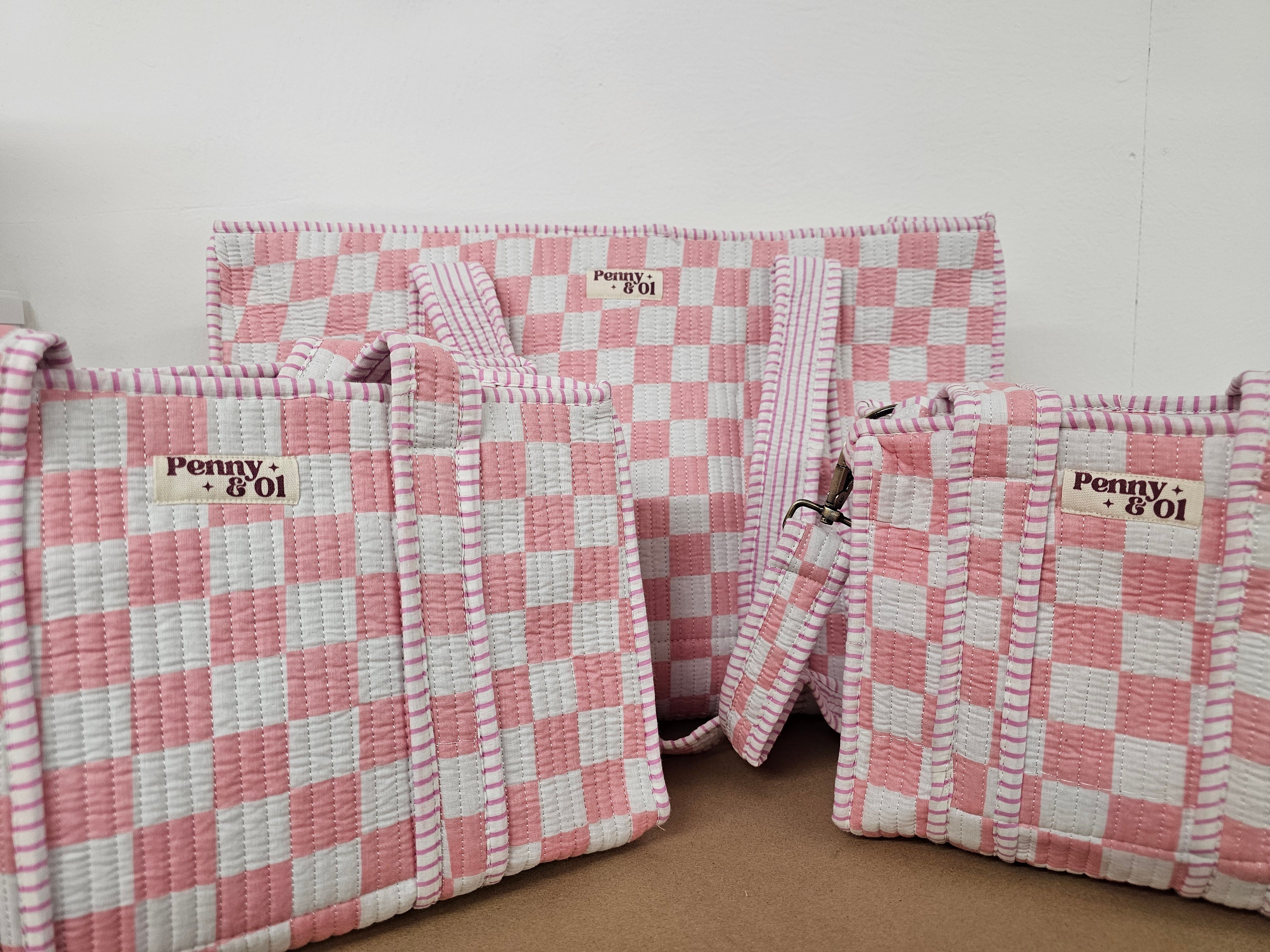 Pink & White Checkerboard Collection. Cotton, handmade tote bags