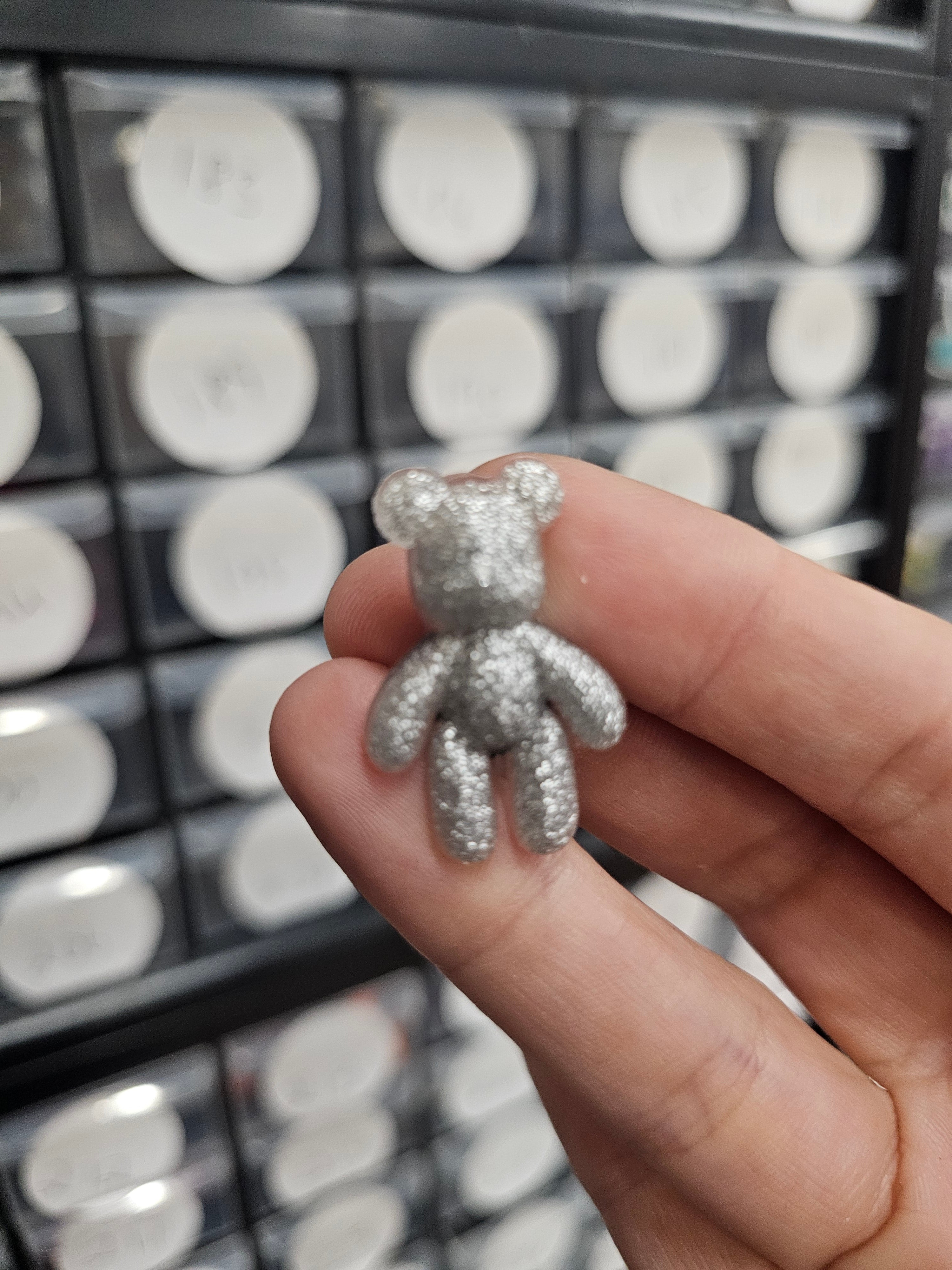Small silver glitter teddy shoe charm
