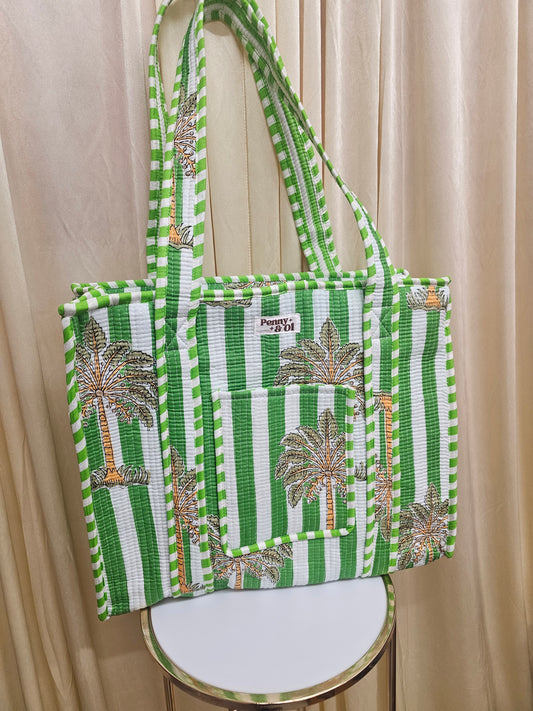 Green Striped palm tree travel tote bags.