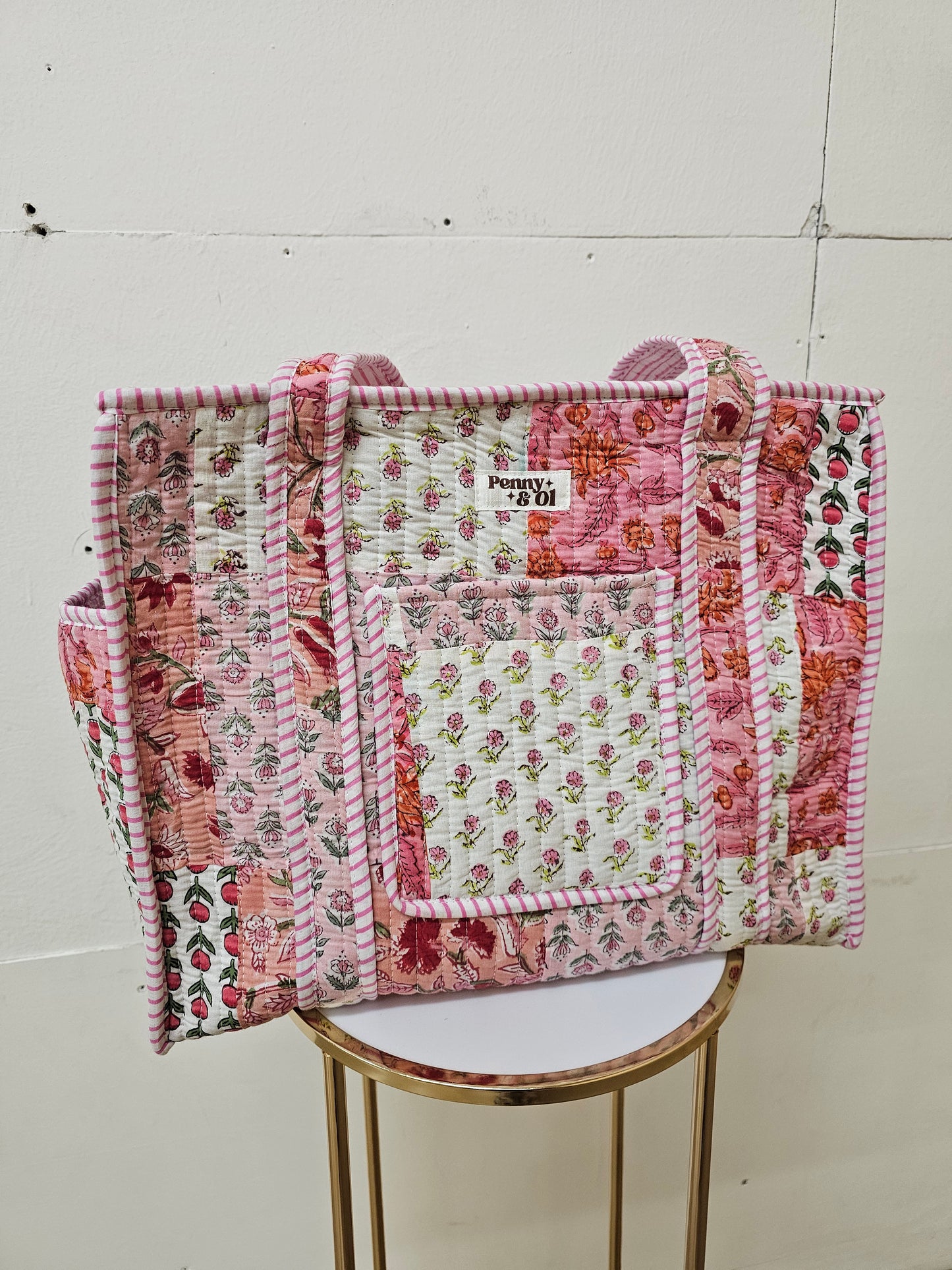 Baby pink patchwork Collection tote bags. Cotton tote bags all sizes