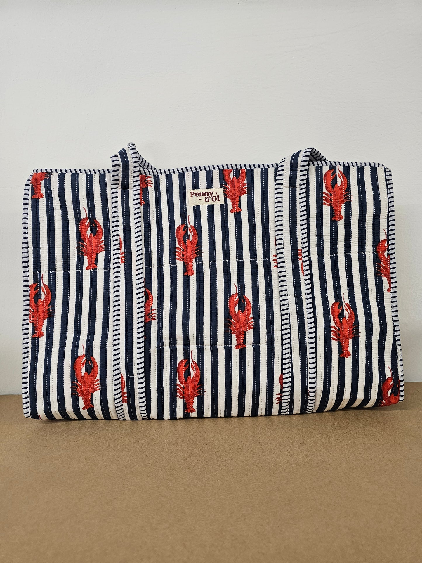 Navy Striped Lobster Collection. Cotton, handmade tote bags