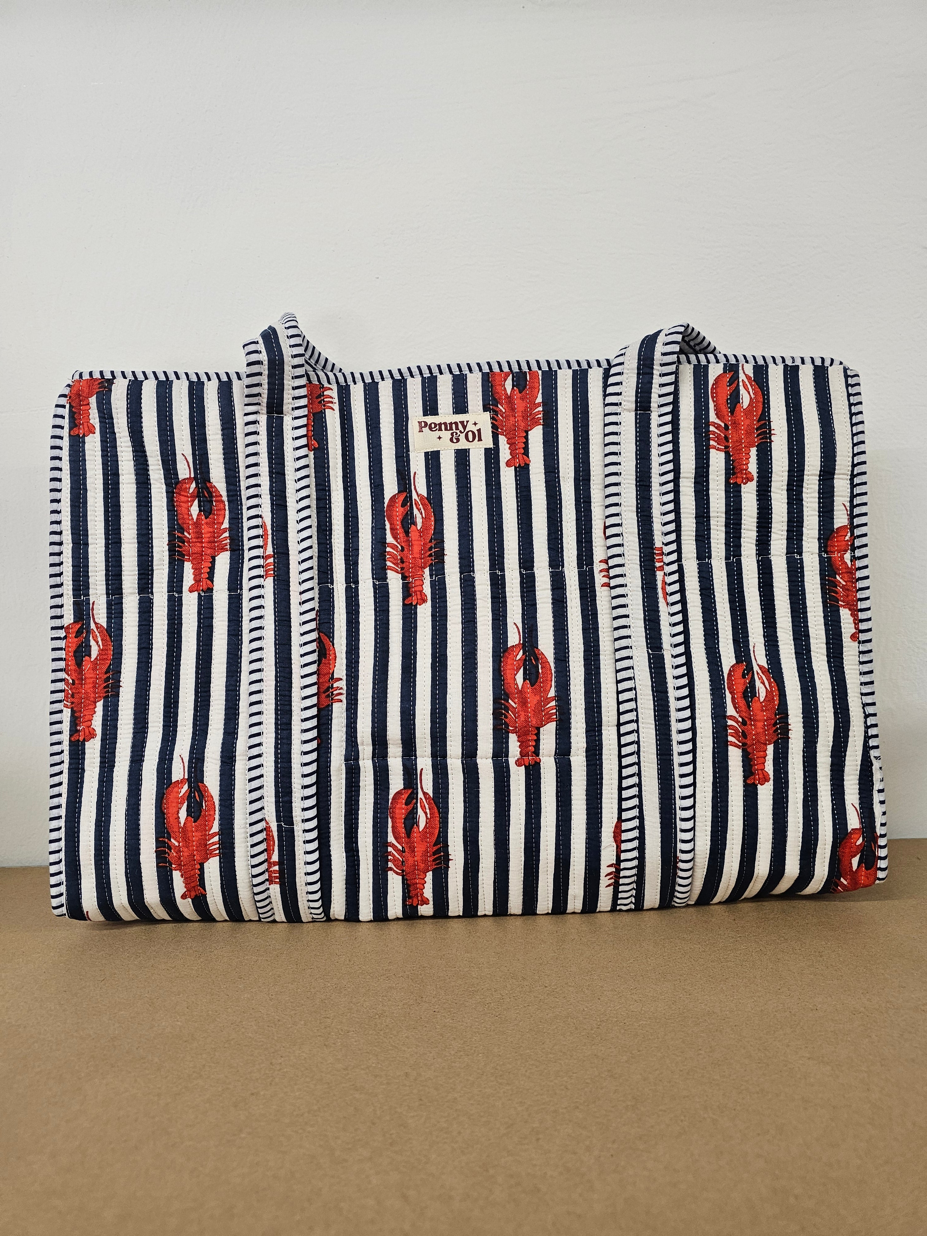 Navy Striped Lobster Collection. Cotton, handmade tote bags