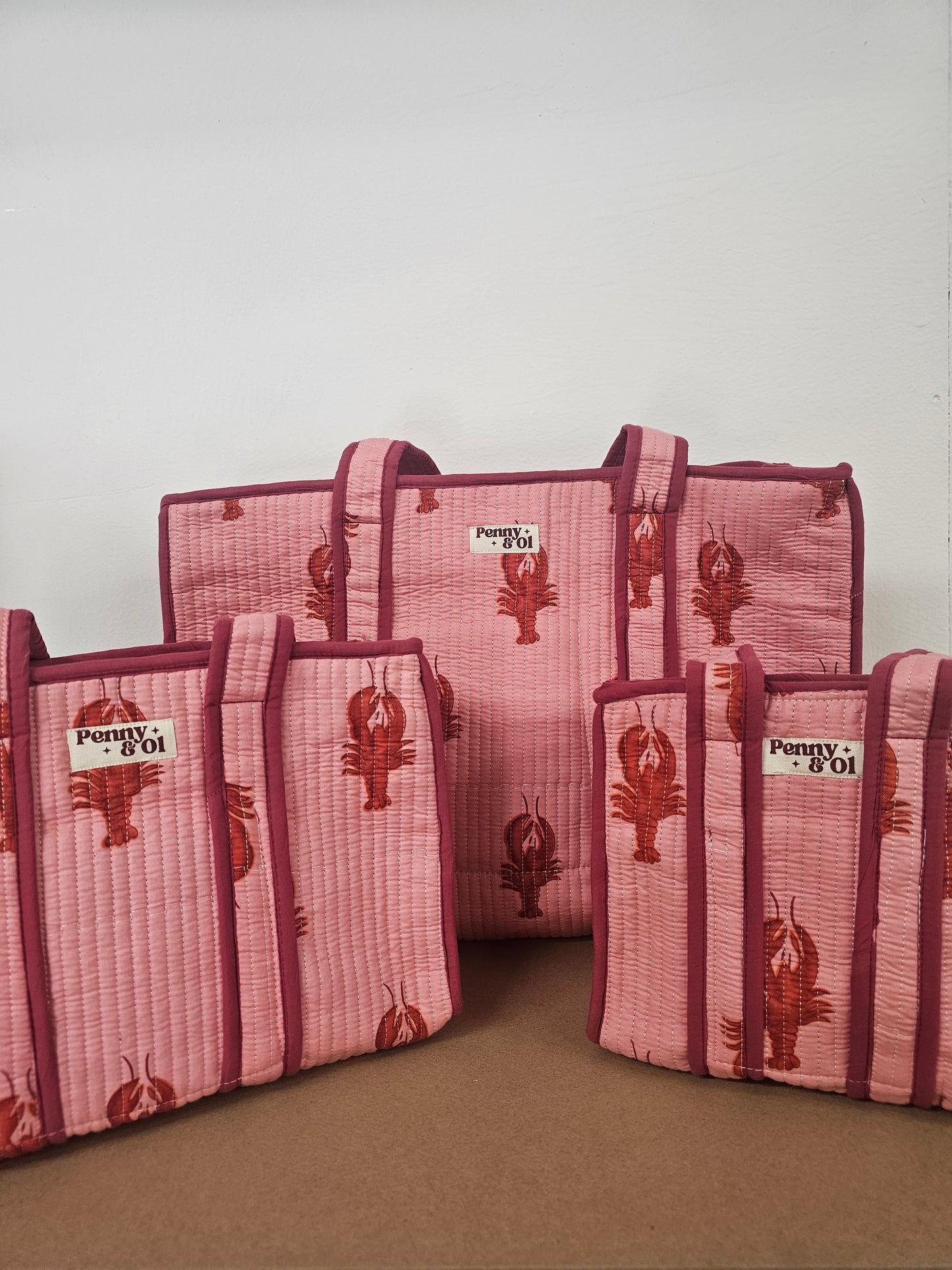 Pink Lobster Collection tote bags. Cotton tote bags all sizes
