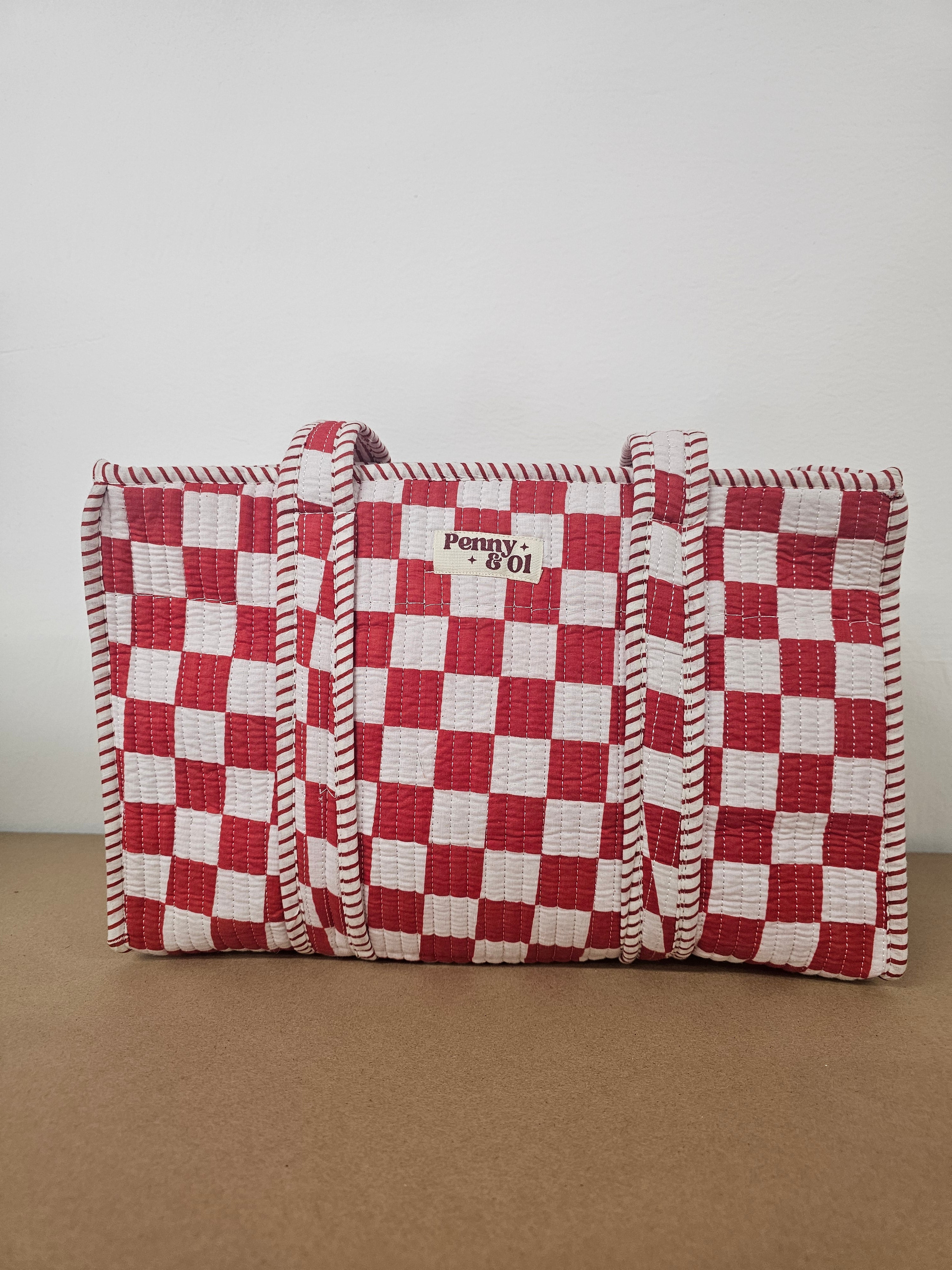 Red Checkerboard Collection tote bags. Cotton tote bags all sizes