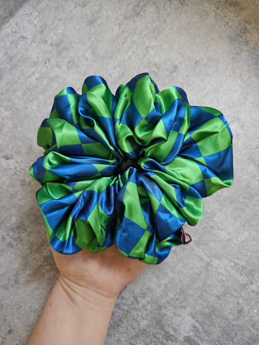 Blue and green checkerboard XL Satin Hair Scrunchie