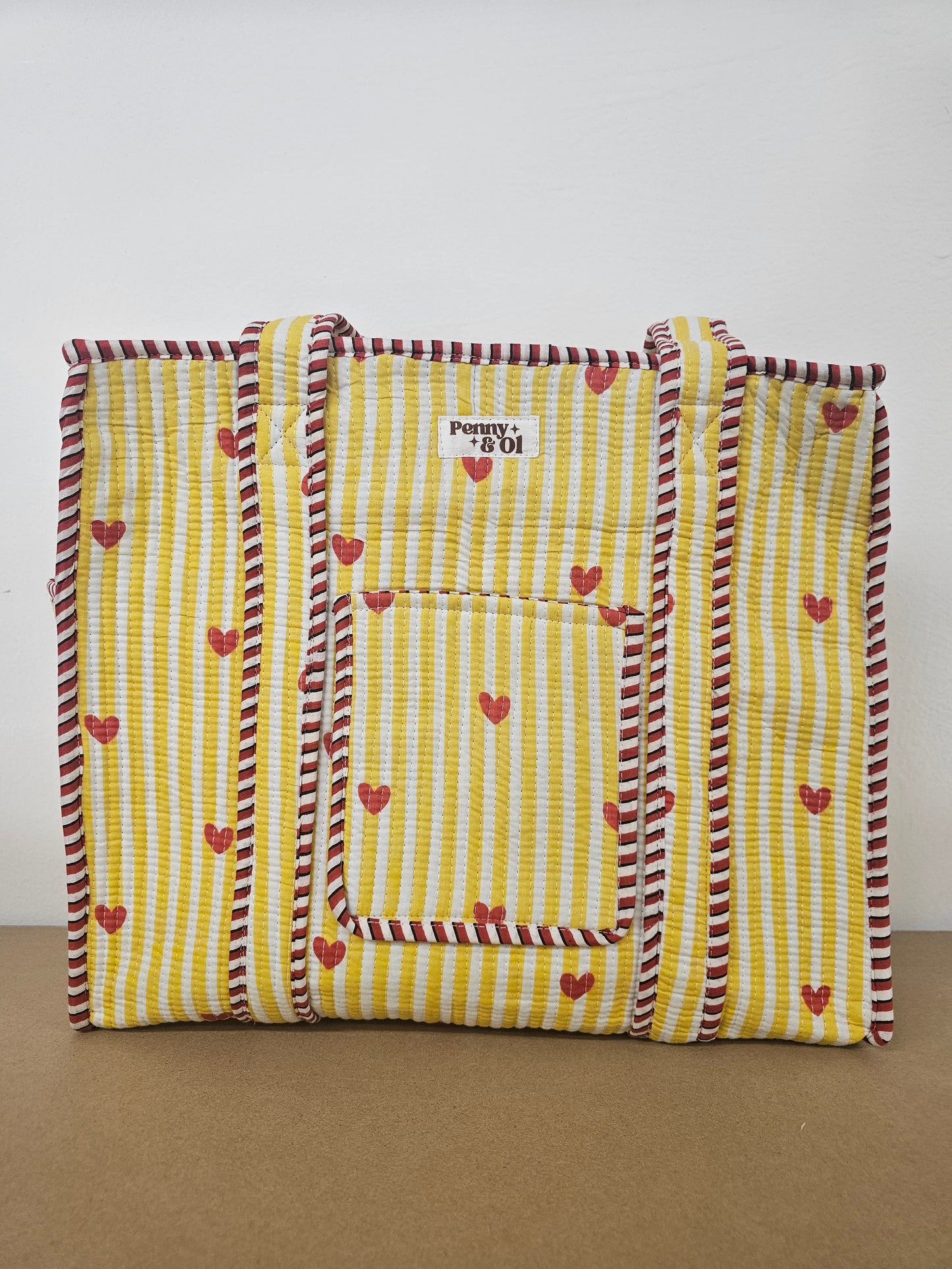 Yellow Striped Hearts Travel Tote Bag, Cotton tote bags.